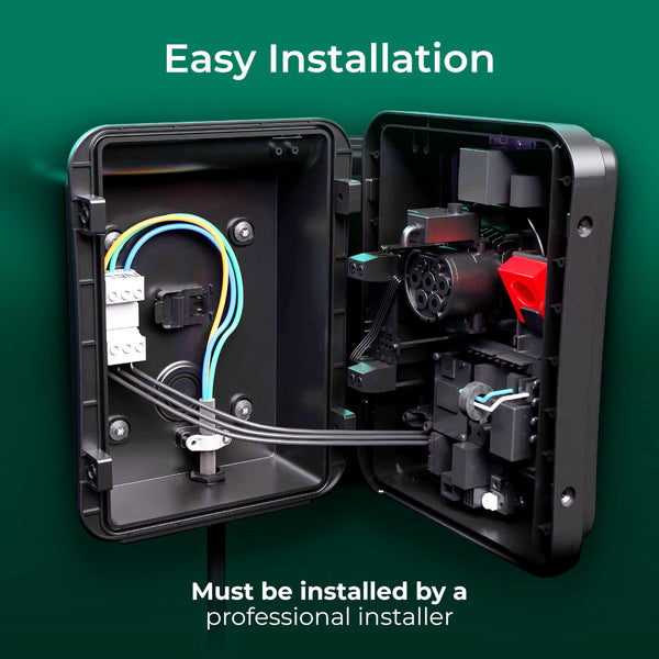 Masterplug Smart EV Home Wall Charger for Type 2 Electric and Plug-In Hybrid Vehicles, Tethered with 5m Cable, Mode 3, App Control, Solar Charging, Single Phase, Black, IP55, 7.4kW, 32A, EVCM3ST7B-MP