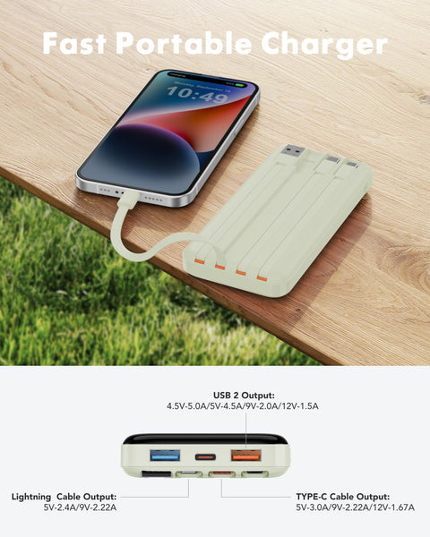 Charmast Power Bank 20000mAh with built-in Cables,Fast Charging 20W PD QC Quick Charge Portable Charger USB C compatiable with Smartphones Tablets and More