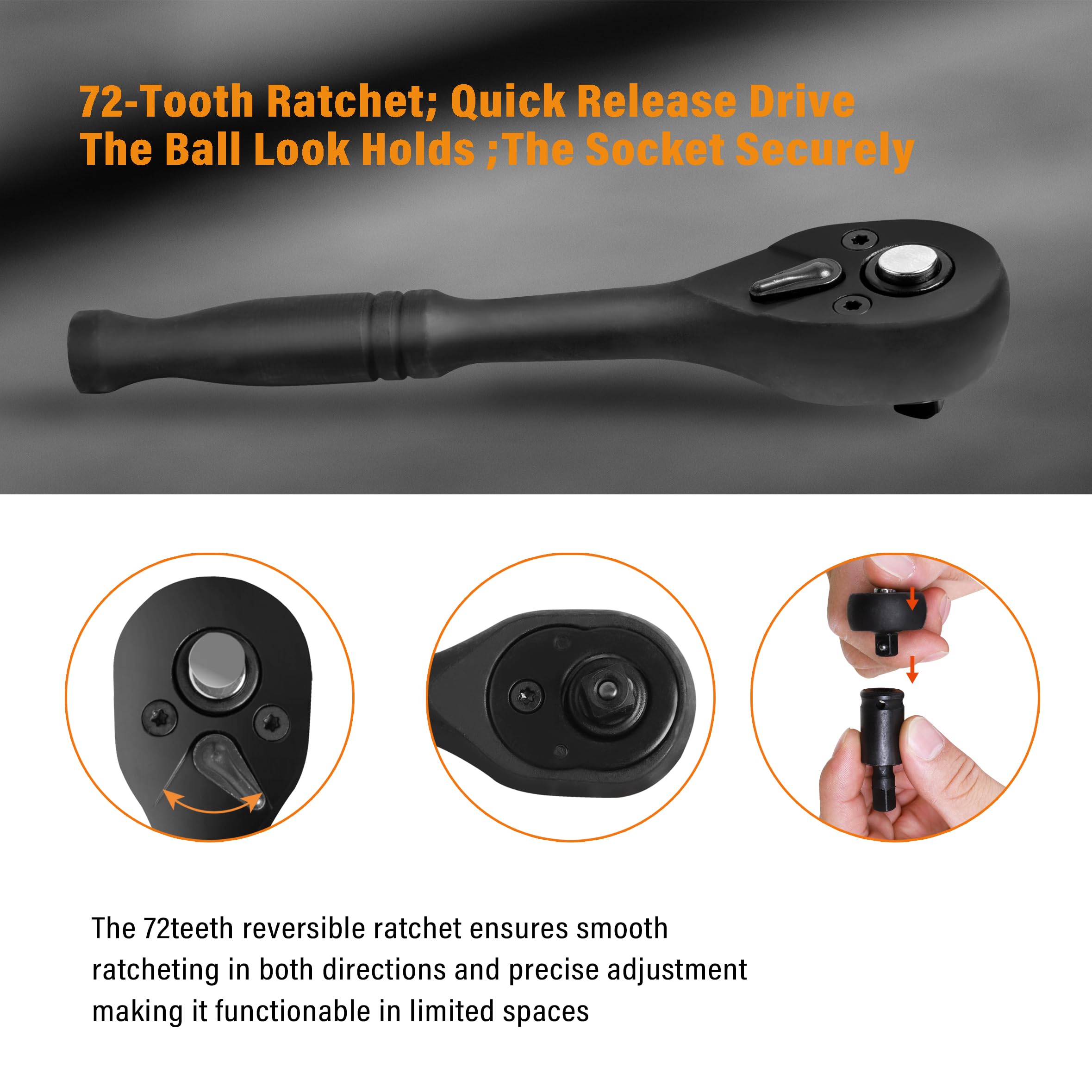 LLNDEI 1/4-Inch Drive Impact Socket Set, 52 PCS Mechanic Tool Set with Ratchet & Adapter, CR-V, Metric and Standard Full Sockets with Storage Tool Kit for Household & Automotive Repair & DIY Project