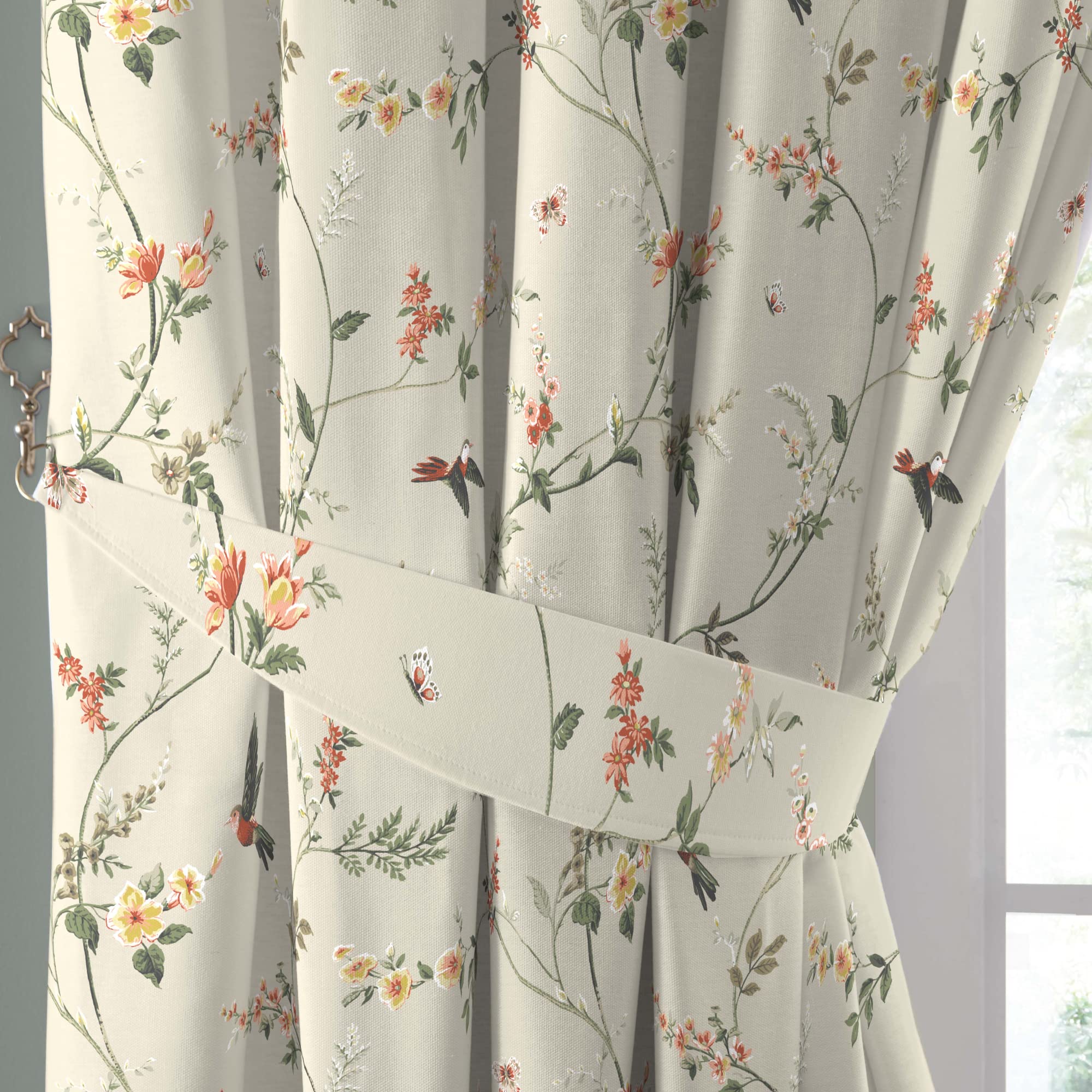 Dreams & Drapes - Natural Floral & Bird Curtains W90 x L90 (229 x 229cm) - 2x Pencil Pleat Curtains - 2x Tie Backs - 100% Cotton - Botanical Curtains