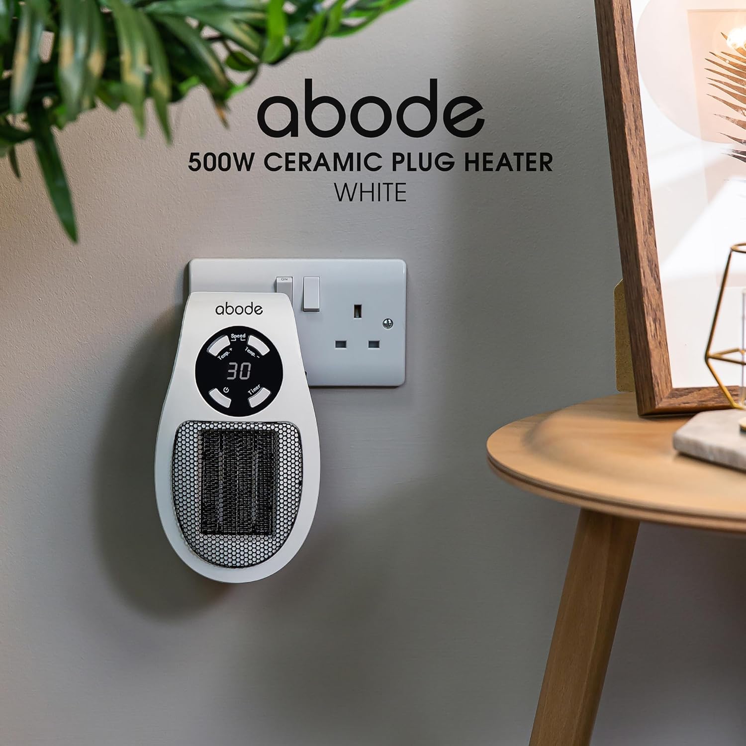 Abode 500W Compact Portable White Ceramic Plug in Heater with 2 Heat Settings & Overheat Protection, Electric Heater, LED Display, 12hr Auto Timer, 10m2 Room Size APH1001
