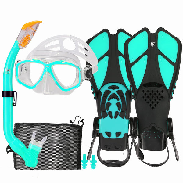 Kids Mask Snorkeling Set with Fins Anti Leak Snorkeling Gear for Kids with Adjustable Flippers, Youth Junior Full Dry Snorkel Set Swimming Goggles