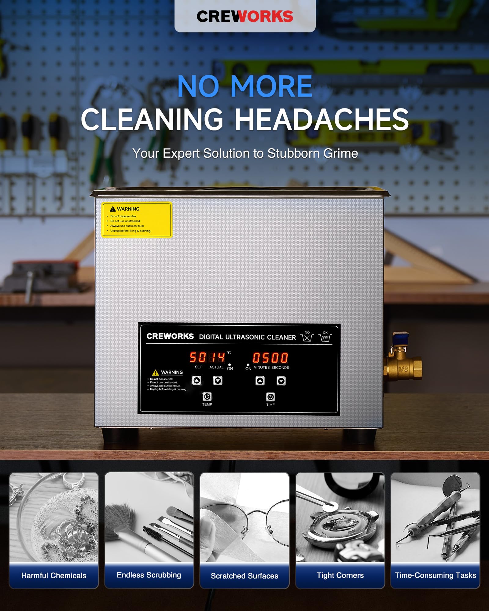 CREWORKS 6L Digital Ultrasonic Cleaner, 1.6 gal. Ultrasonic Cleaning Machine with Degas & Gentle Modes, 180W Professional Ultrasound Cleaner with 300W Heater and Timer for Glasses