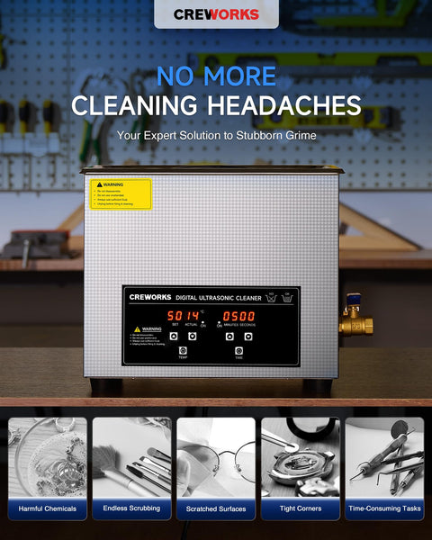 CREWORKS 6L Digital Ultrasonic Cleaner, 1.6 gal. Ultrasonic Cleaning Machine with Degas & Gentle Modes, 180W Professional Ultrasound Cleaner with 300W Heater and Timer for Glasses