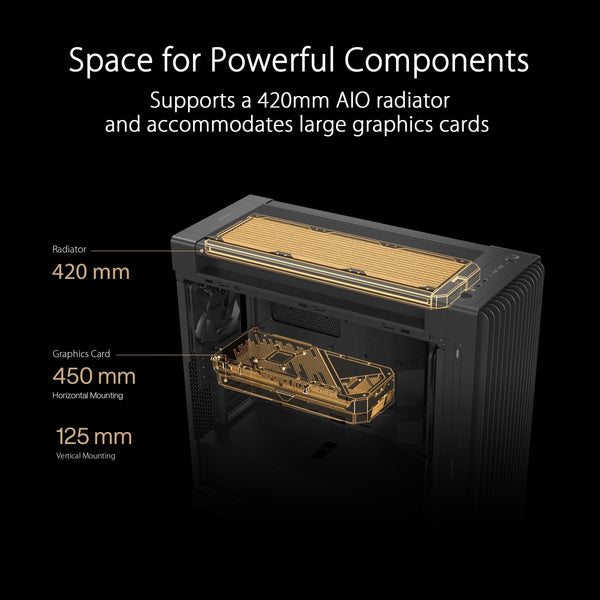 ASUS ProArt PA602 E-ATX computer case, 420 mm radiator support, one 140 mm and two 200mm pre-installed system fans, front panel IR dust indicator, power lock latch, tool-less PCIe mounting
