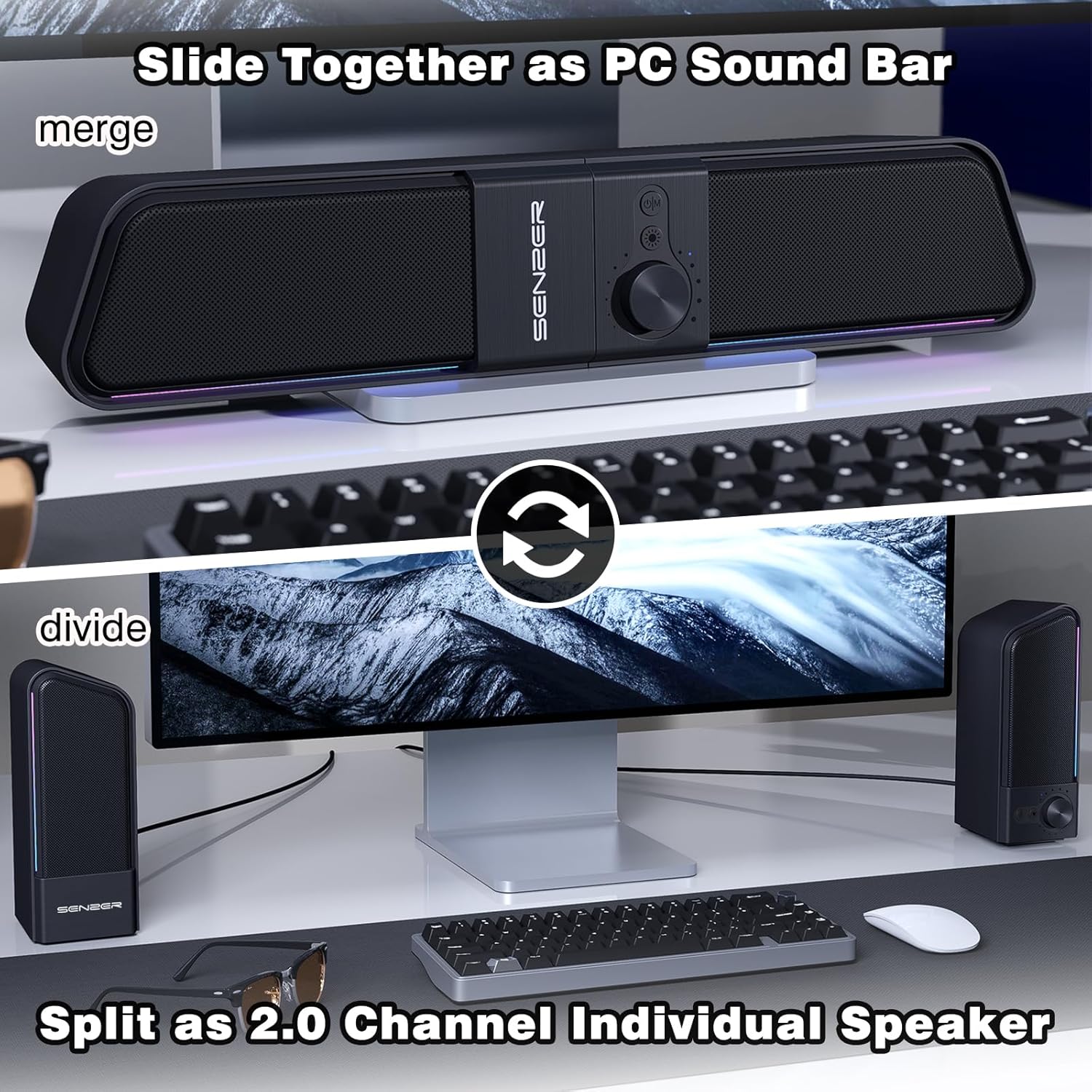 Senzer CS20 Pc Speaker, Usb Powered Desktop Speaker Computer Speakers with Flowing LED Bluetooth Gaming SoundBar Speaker for Laptop Desktop Monitor (Not 3.5 mm Jack)