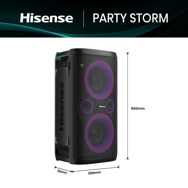 Hisense PARTY STORM, 300W Max Audio Power,15 Hrs long playtime,Karaoke Mode,Lighting effects, Wireless charge the phone, IPX4 Waterproof, Bluetooth 5.0