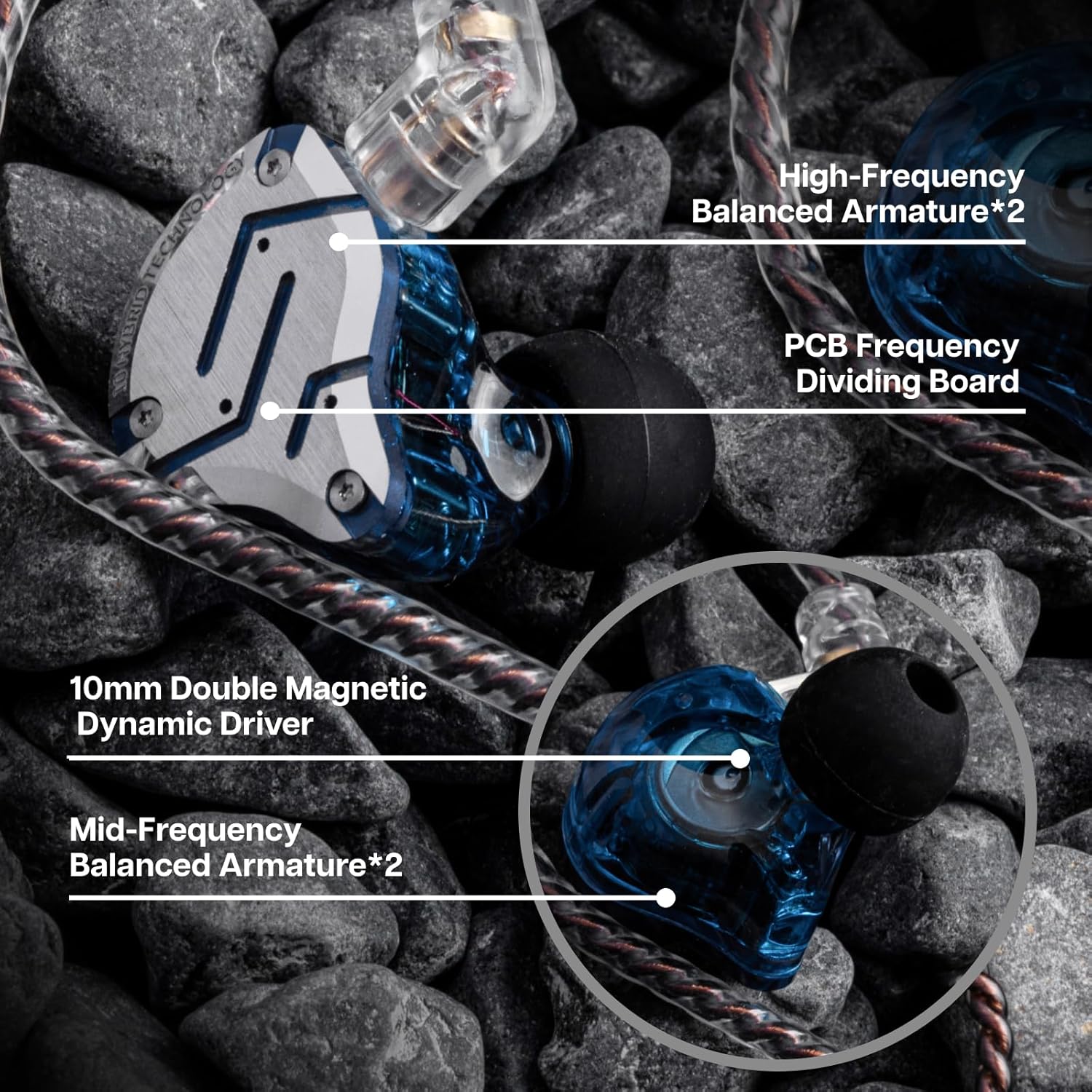 Linsoul KZ ZS10 Pro, 4BA+1DD 5 Driver in Ear Monitor, HiFi Wired Earbuds, Gaming Earbuds, Hybrid IEM Earphones with Stainless Steel Faceplate, Recessed 2 Pin Detachable Cable(With Mic, Glare Blue)