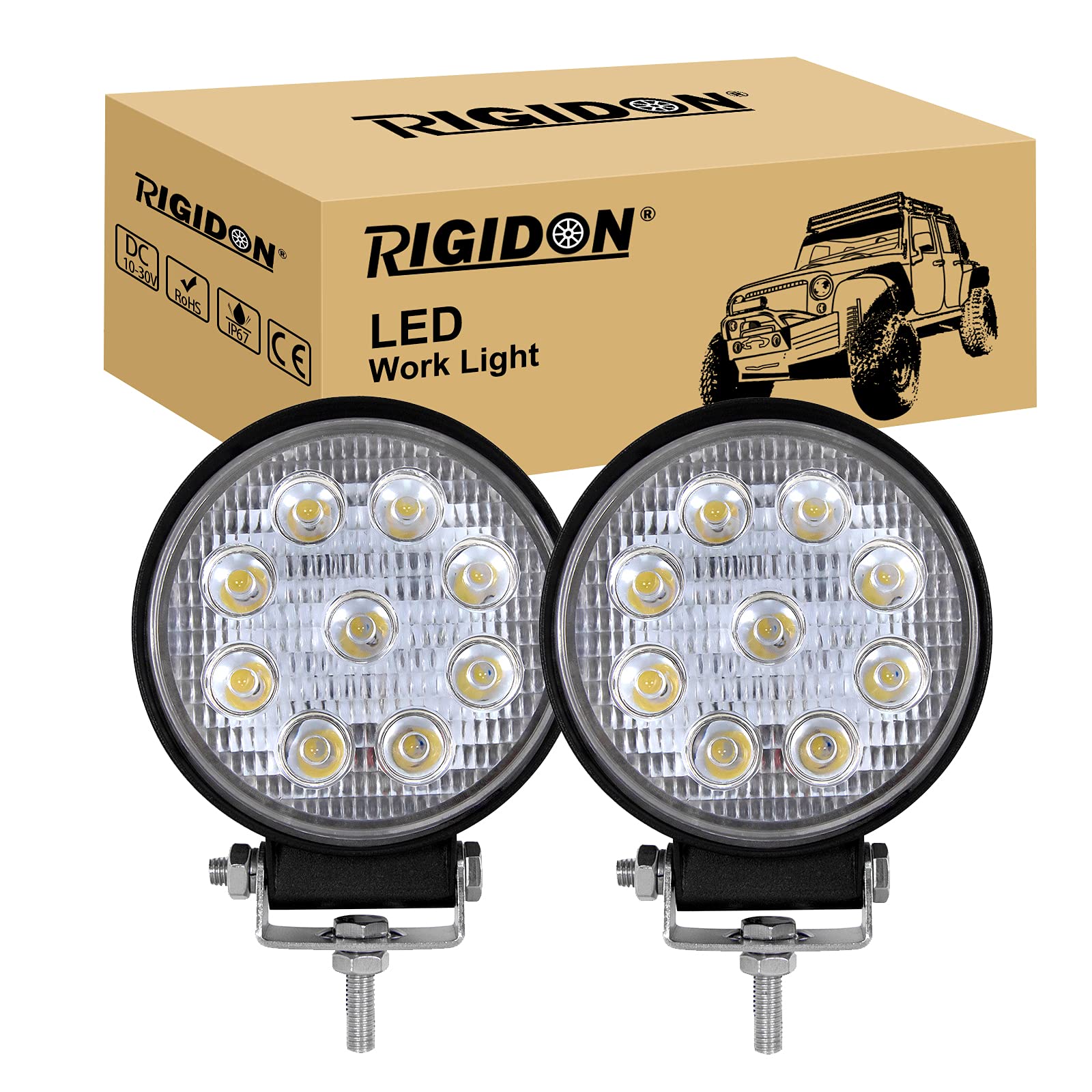 RIGIDON 2 Pcs Round Led Work Light, 4 inch 42W Flood Beam, 12V 24V Driving Lights Lamp for Car Off Road Boat Truck 4x4 SUV ATV Tractors Excavator, 6000K White, Fog Lamp