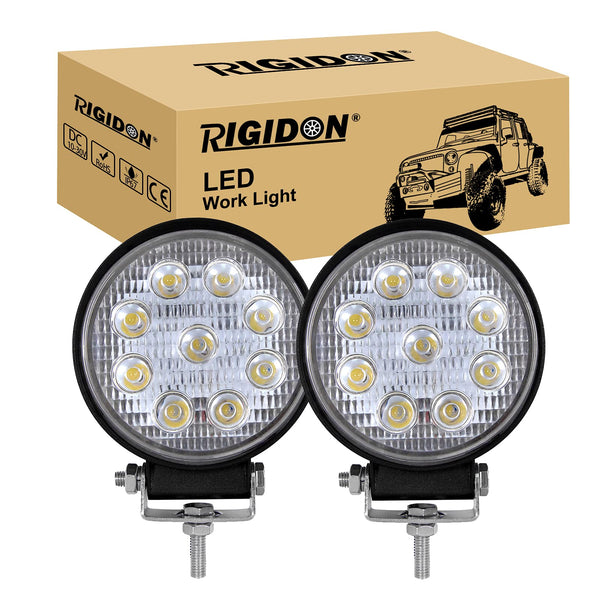 RIGIDON 2 Pcs Round Led Work Light, 4 inch 42W Flood Beam, 12V 24V Driving Lights Lamp for Car Off Road Boat Truck 4x4 SUV ATV Tractors Excavator, 6000K White, Fog Lamp