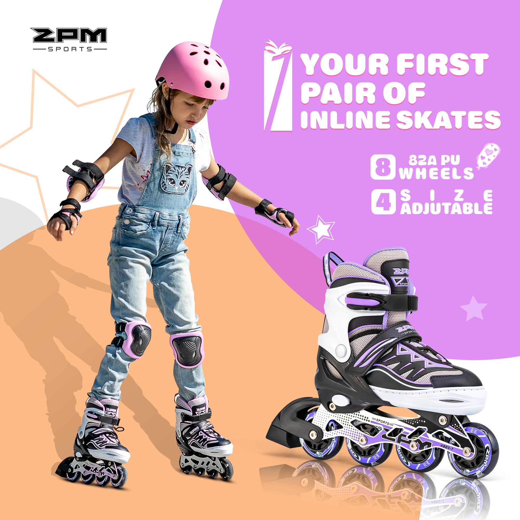 2pm Sports Adjustable Inline Skates, Stylish Design Beginner Roller Skates for Boys and Girls