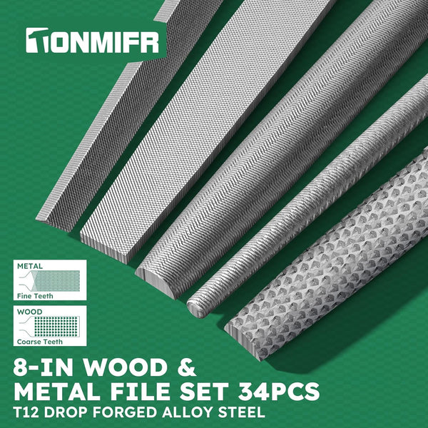 Tonmifr Professional Metal File Set 34Pcs Industrial Grade High Carbon Steel,5 Shapes (Flat/Half Round/Round/Triangle/Square) for Hardened Steel, Metalworking Tools with Storage Case,14 Needle Files