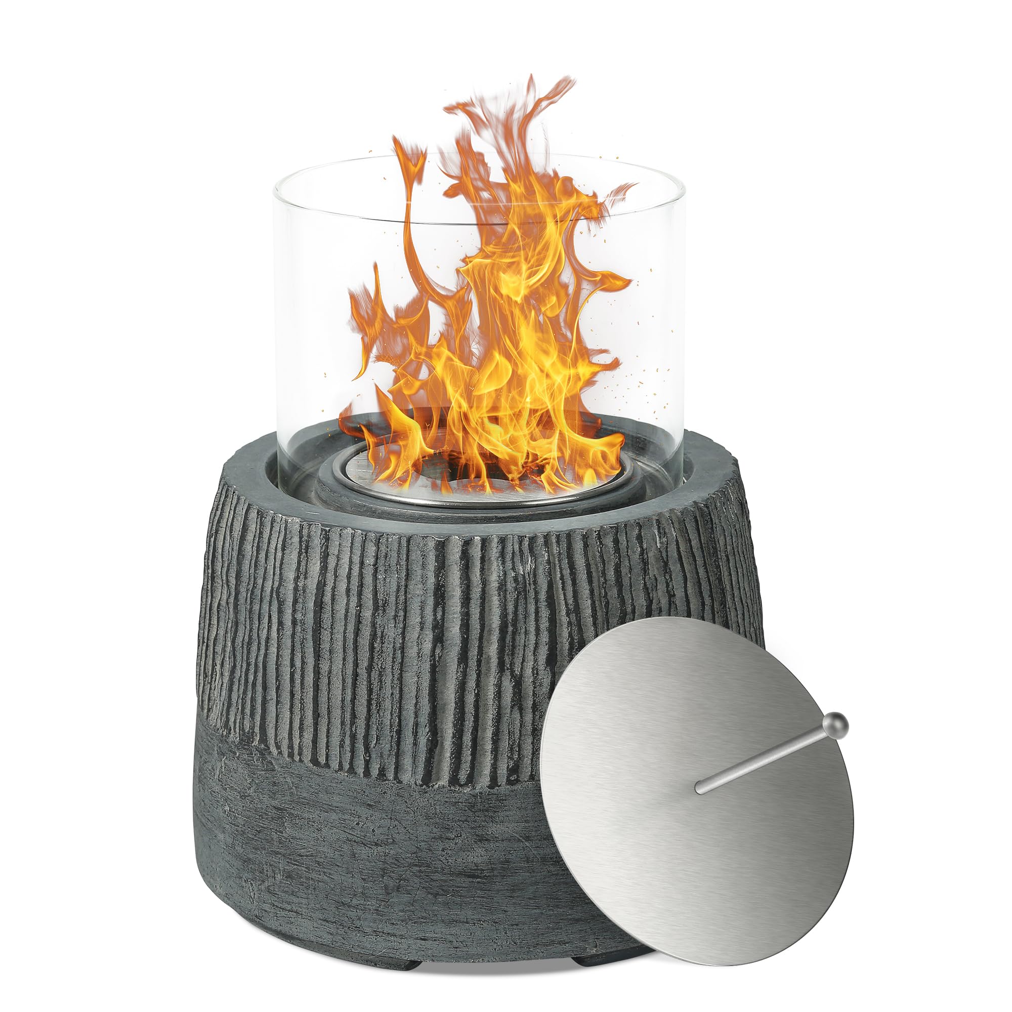 VOSSMOON Tabletop Fire Pit, Bioethanol Table Top Fire Bowl, Portable Round Fireplace indoor or Outdoor, Concrete Table Top Patio Heater Ethanol Burner with Tempered Glass for Potluck or Camping, Black