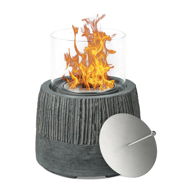 VOSSMOON Tabletop Fire Pit, Bioethanol Table Top Fire Bowl, Portable Round Fireplace indoor or Outdoor, Concrete Table Top Patio Heater Ethanol Burner with Tempered Glass for Potluck or Camping, Black