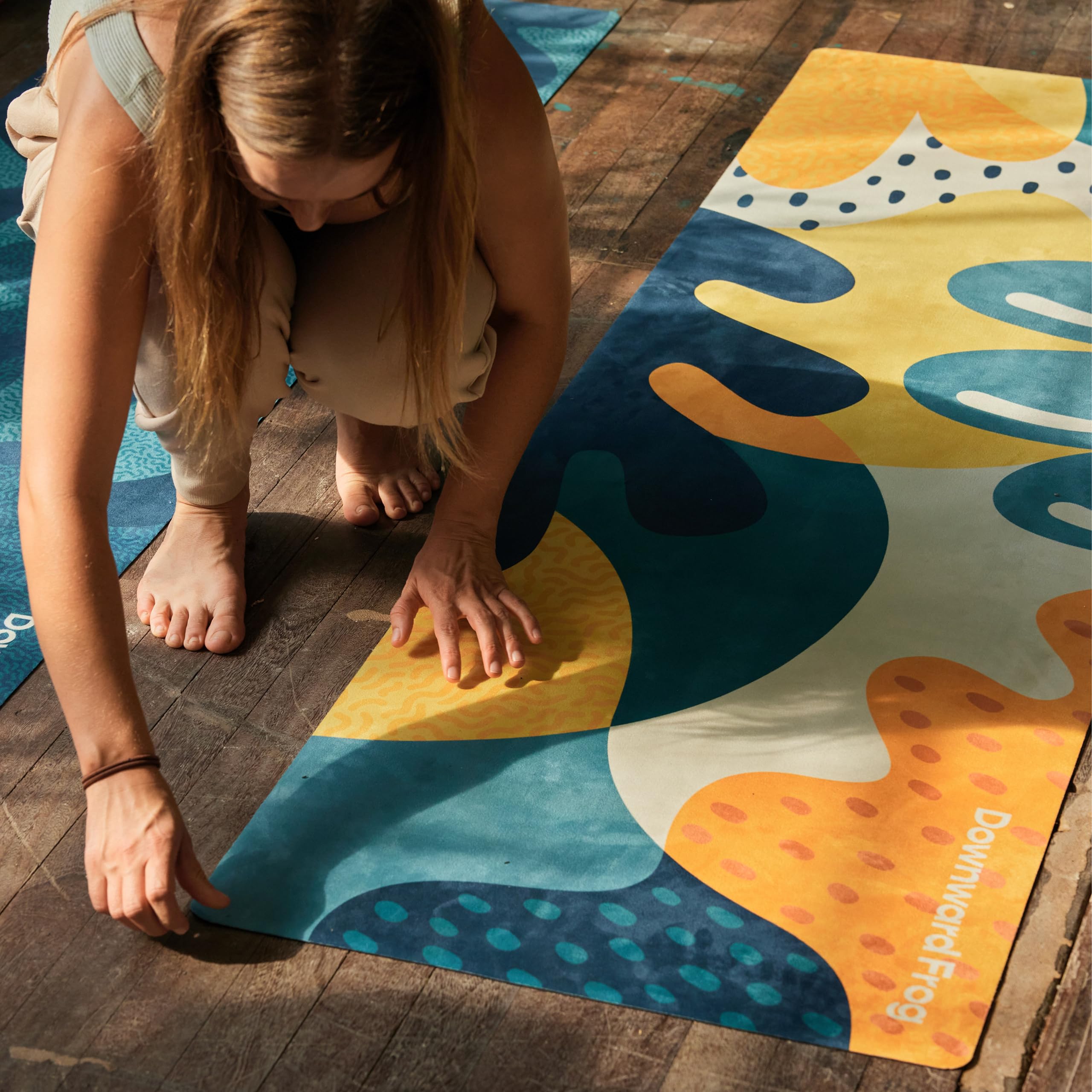 Downward Frog Printed Yoga Mat for Hot Yoga, Bikram, Thick Fitness & Pilates Mat for Comfort - Eco Natural Rubber, Vegan, Microfibre Towel Surface,