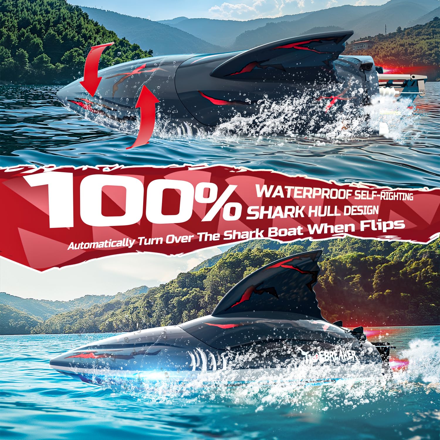 DEERC Fast Brushless RC Shark Boat for Adults, 30+MPH 3S High Speed Remote Control Speed Boat with LED Lights, Summer Toy Gift for Kids