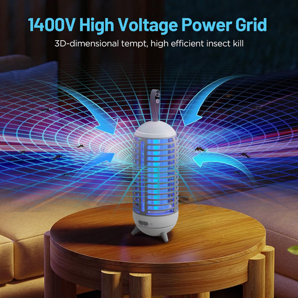Dnenellr Fly Zapper, 3 IN 1 LED UV Mosquito Killer Lamp, 1400V Electric Fly Killer with Light Modes, 360° Silent Bug Zapper for Indoor Use, USB Rechargeable Insect Trap for Bedroom, Kitchen and More