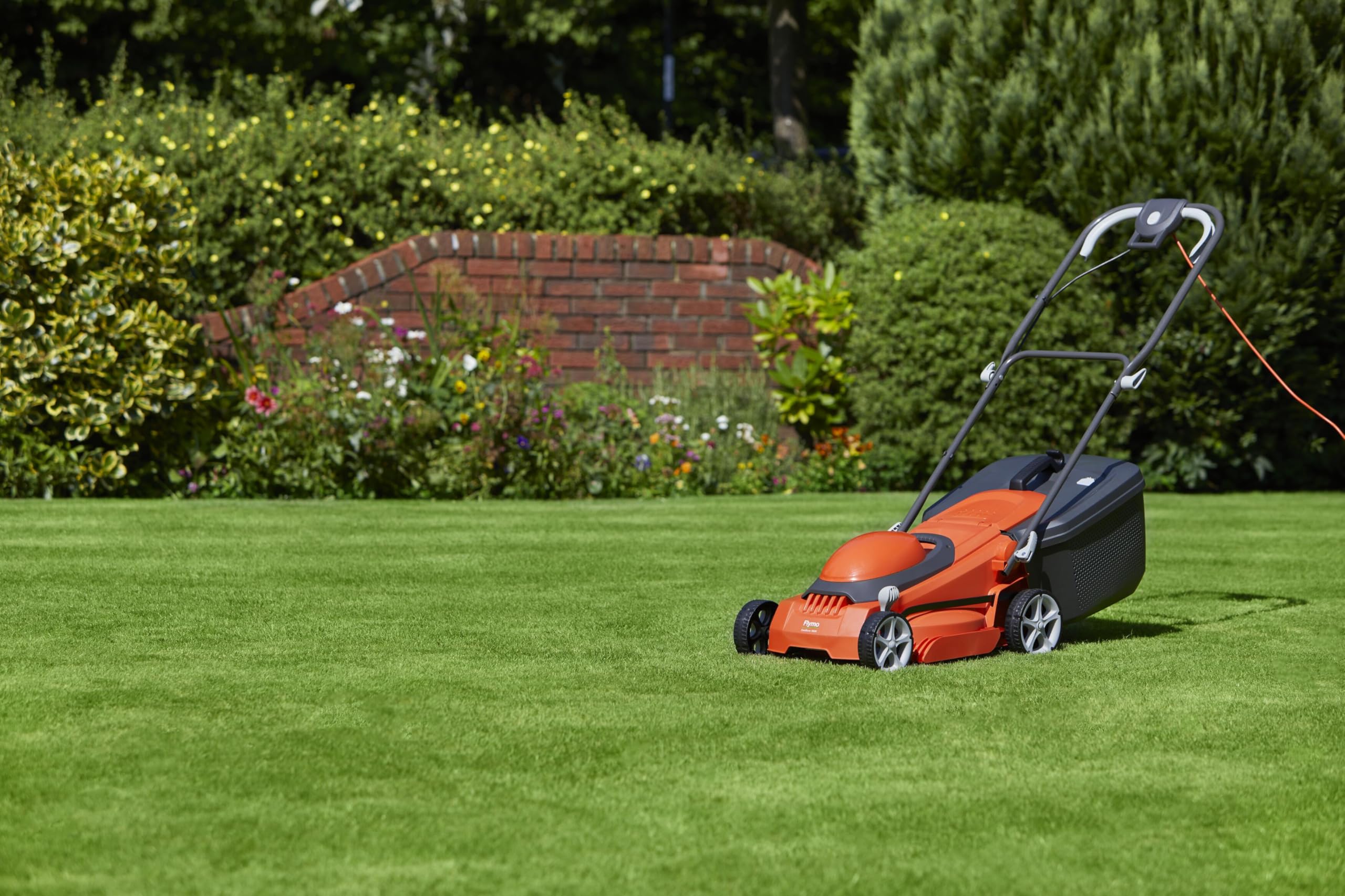 Flymo EasiStore 380R Electric Rotary Lawn Mower - 38 cm Cutting Width, 45 Litre Grass Box, Close Edge Cutting, Rear Roller, Central Height Adjust, Space Saving Storage Features
