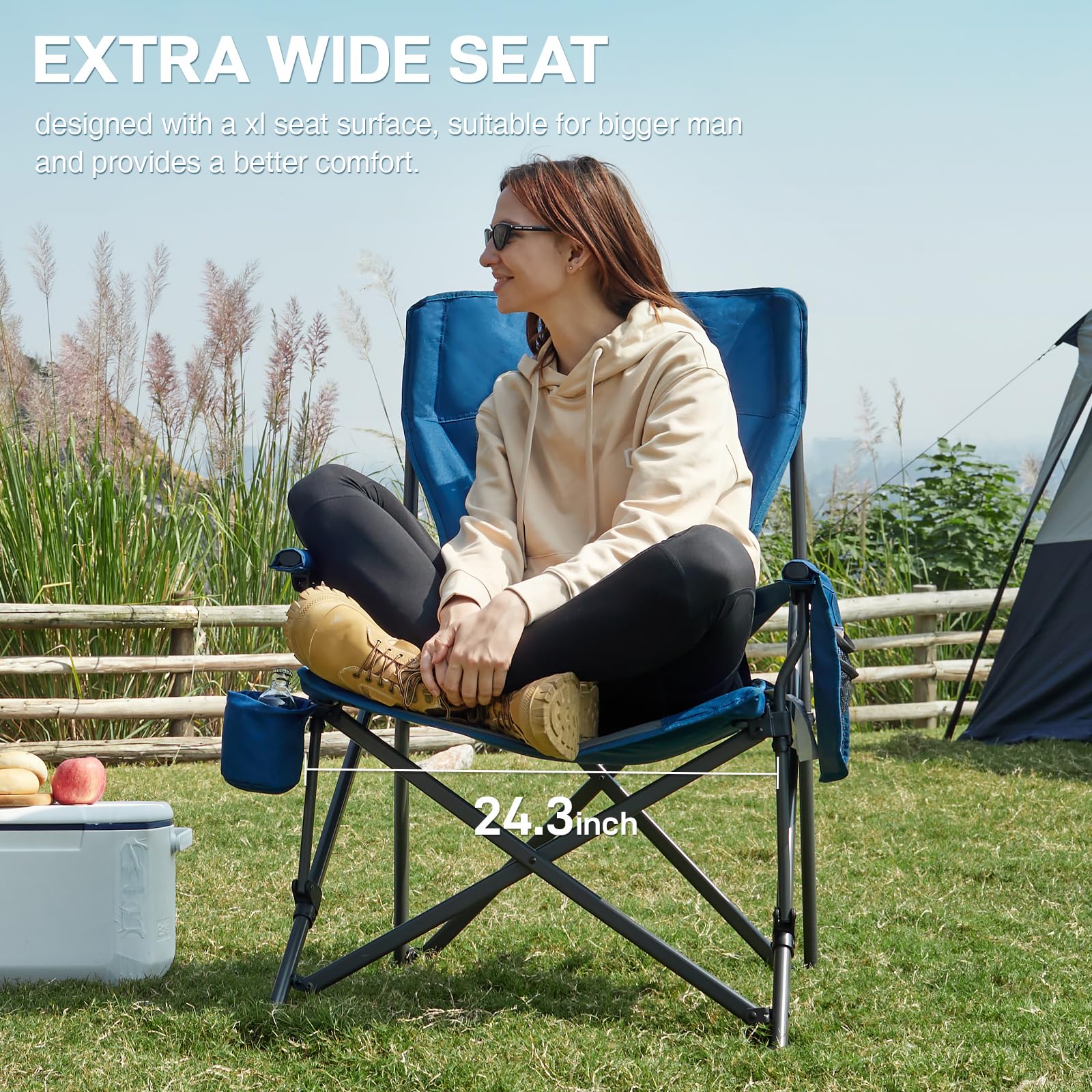 EVER ADVANCED Camping Chair for Adults Oversized 230KG, Folding Chair for Heavy People with Side Pocket, Heavy Duty Extra Wide with Hard Armrest Foldable Garden Fishing Outdoor Fold up