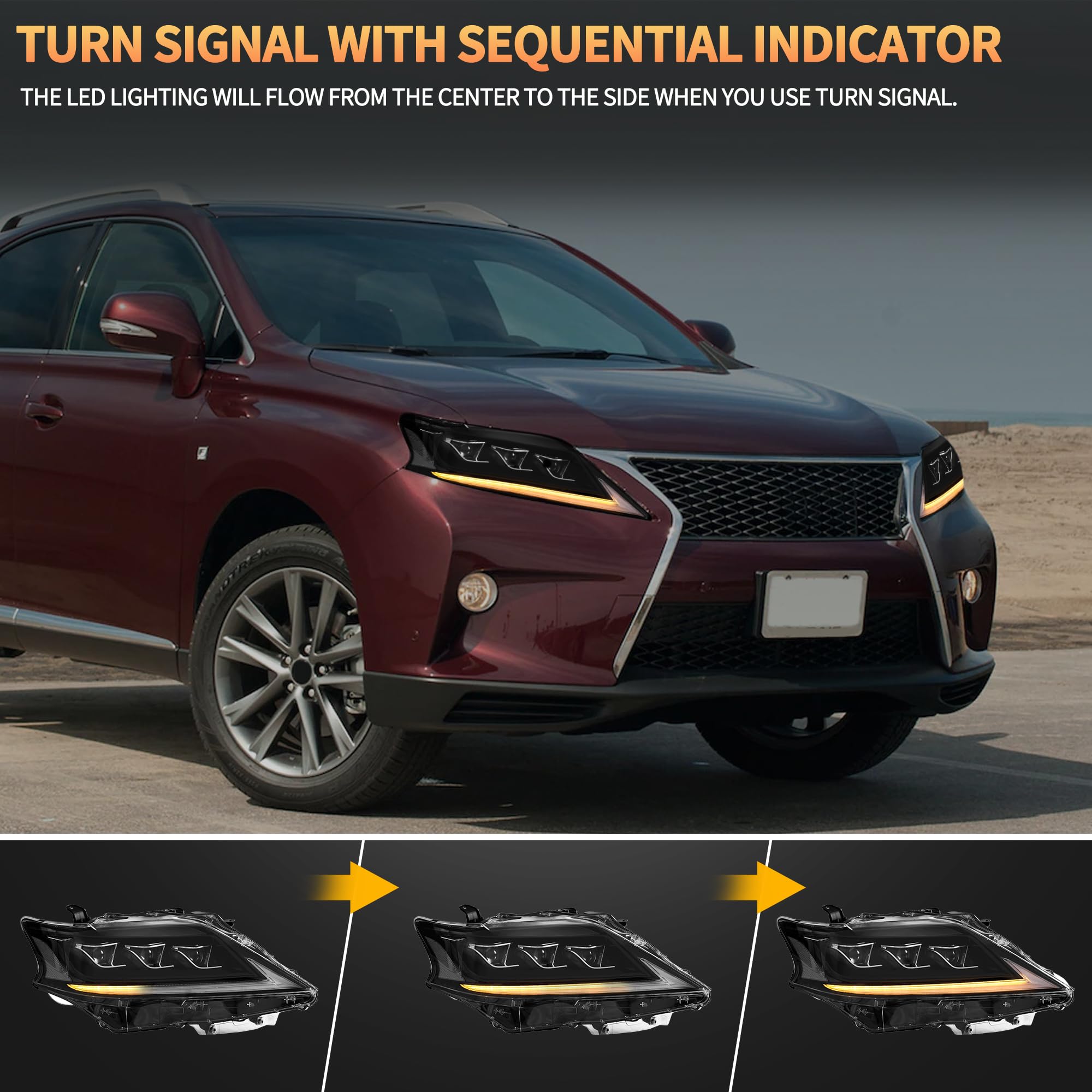 VLAND Motor LED Rear Lights compatible with RX270, RX330, RX350 F Sport, RX400h, RX450h, RX450hl 2010-2015, w/Amber Sequential Indicator, Driver & Passenger Side - Clear