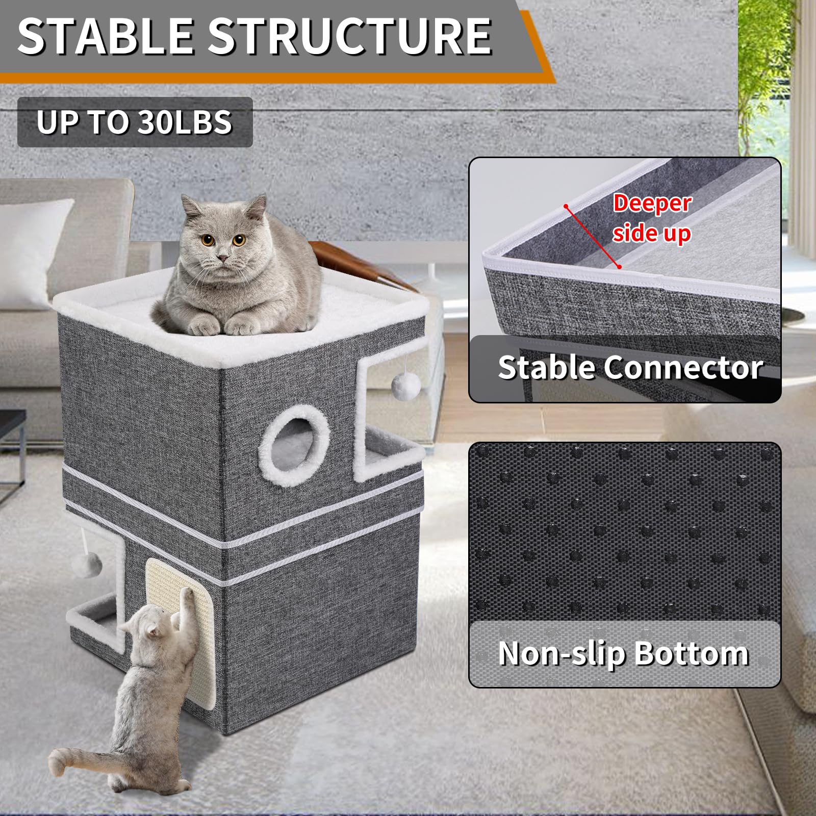 3-Storey Cat House for Indoor Cat, Separate Into 2 Large Cat Bed Cave with Hideaway Condos, Scratch Pads, Hanging Balls, Foldable Indoor Cat House