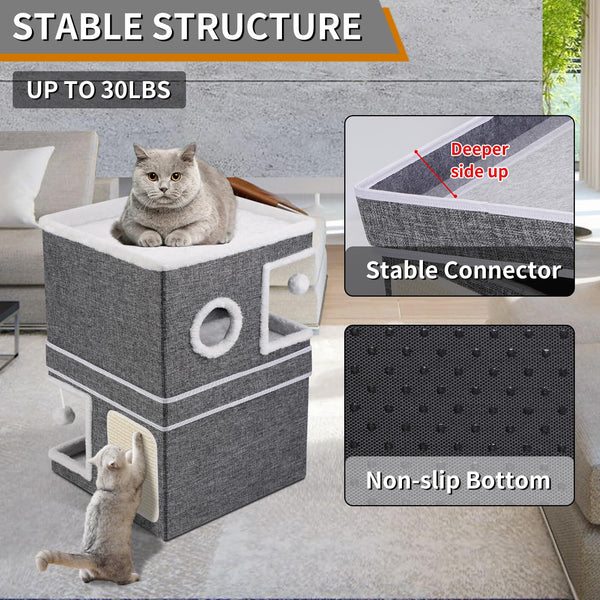 3-Storey Cat House for Indoor Cat, Separate Into 2 Large Cat Bed Cave with Hideaway Condos, Scratch Pads, Hanging Balls, Foldable Indoor Cat House