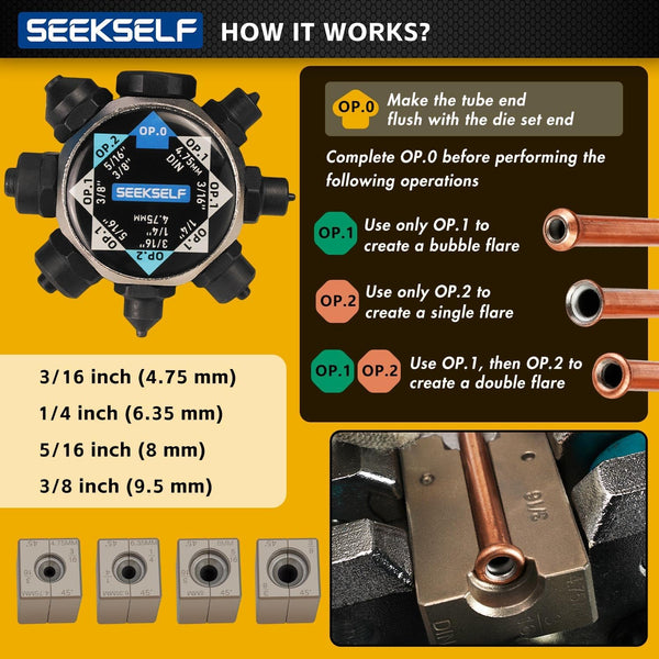 SEEKSELF Professional Brake Line Flaring Tool Kit for 45 Degree Single, Double and Bubble Flares, 3/16", 1/4", 5/16", 3/8" and 4.75mm Steel Copper Metal Tubing, Black