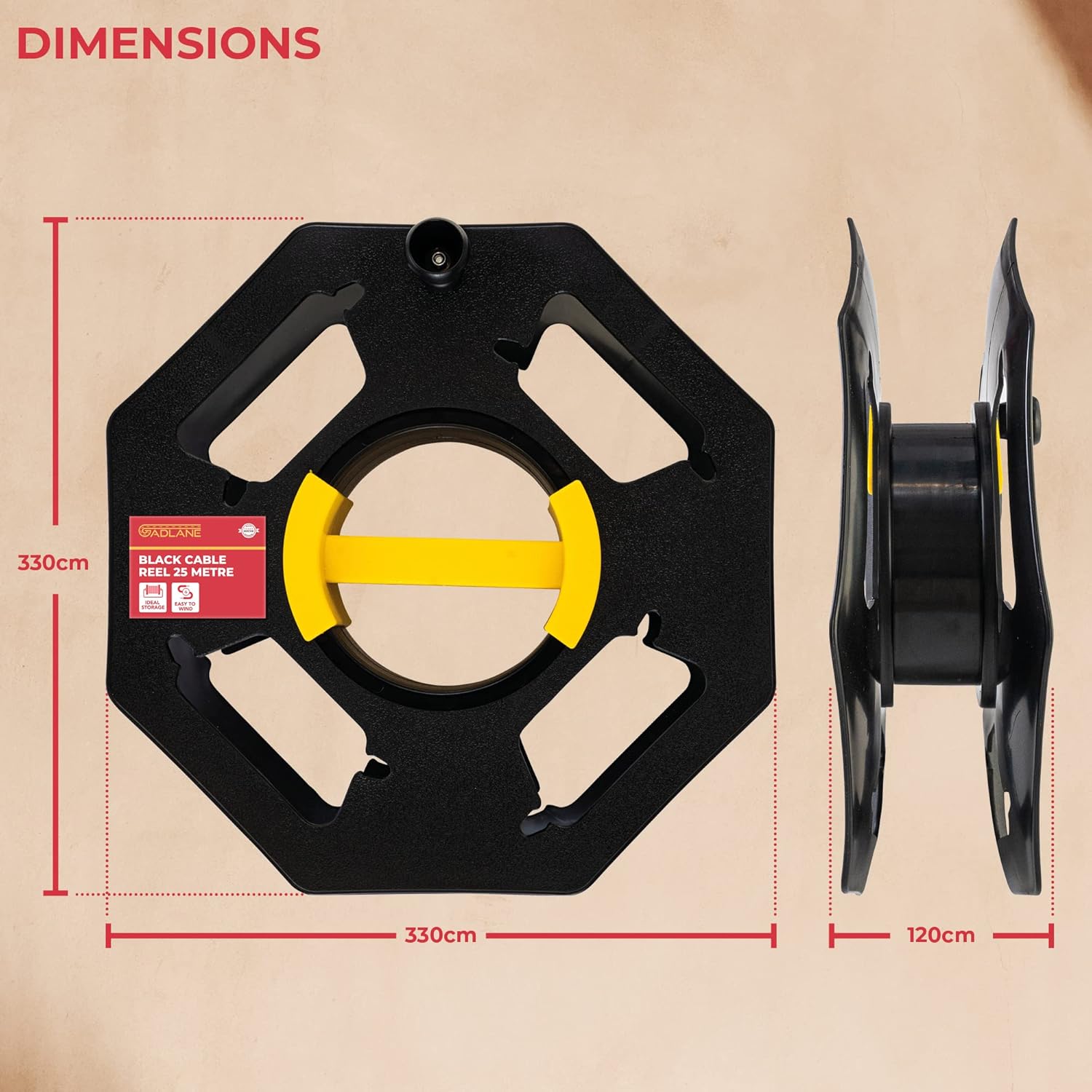 GADLANE Heavy Duty Black Cable Tidy Reel 25m - Cable Reel Empty Camping Electric Hook Up Cable Winder, Extension Lead Reel Christmas Light Storage Reel Cable Reel Holder for Caravan Leads Cables Cords