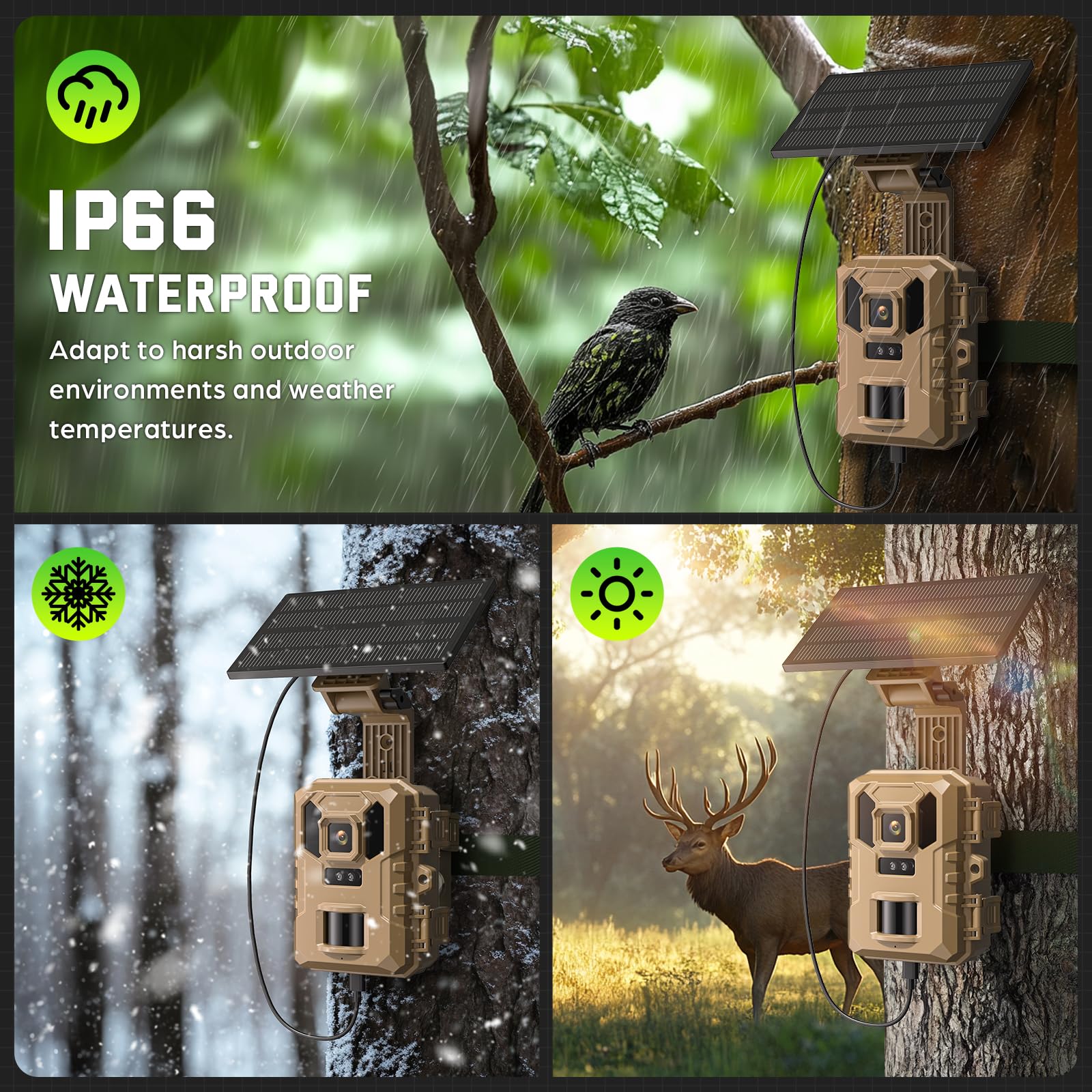 Wildlife Camera - 4K 64MP WiFi Trail Cameras With Night Vision Motion Activated Waterproof IP66 with 32GB SD Card, Garden Camera Solar Power, Built-in Rechargeable Battery, 0.2s Trigger