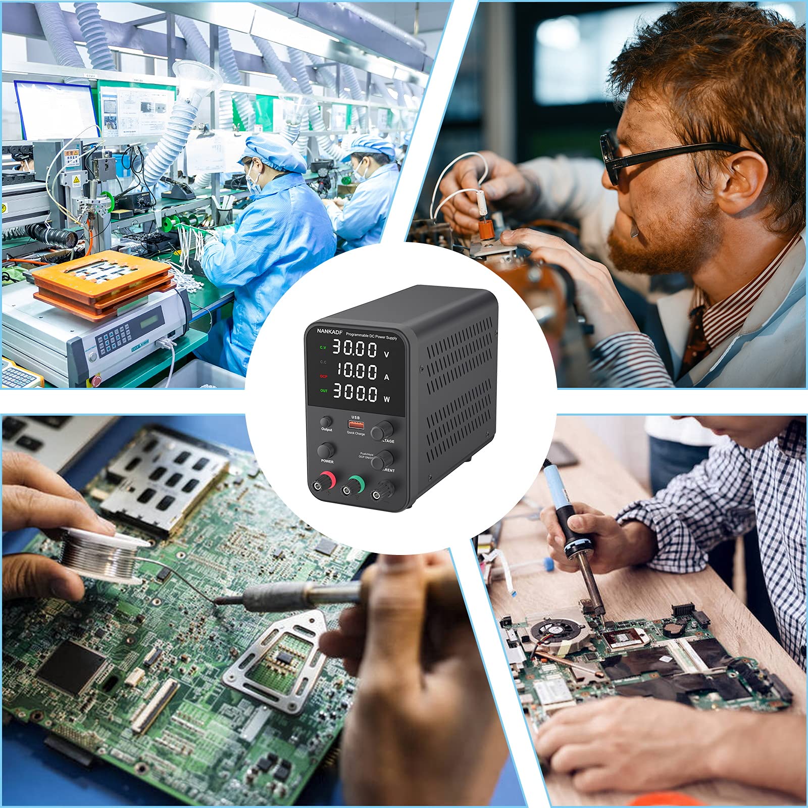 DC power supply (0-30V,0-10A) adjustable, switching power supplies, mini high precision 4-digit display with USB fast charging interface, variable lab bench power supply, output button/encoder knob