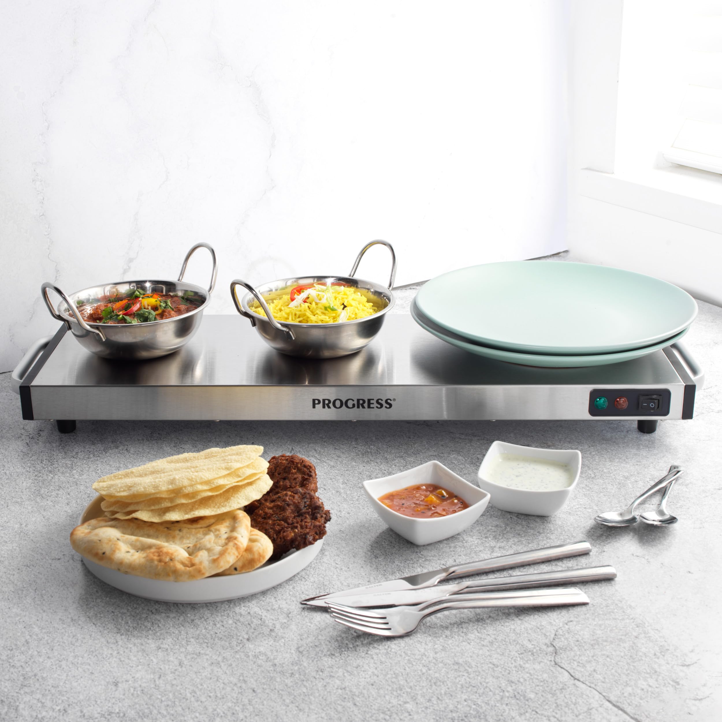 Progress EK2610P Cordless Hot Plate, Large Food Warming Tray, Plate Warmer, Portable Buffet Server Tray, 1200W, Non-Slip, 15 Minute Charge Time, Keeps