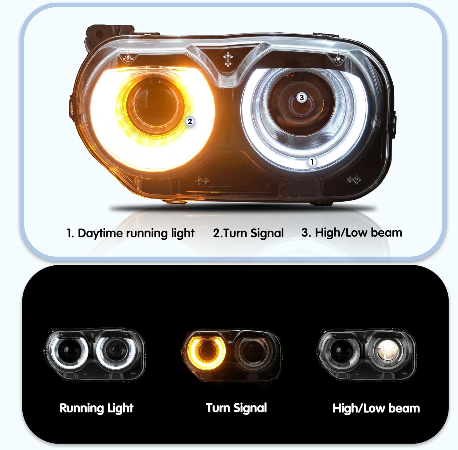 VLAND Headlight suitable for Dodge Challenger 2015-2019 LED headlight, RGB