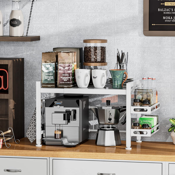 EKNITEY Microwave Shelf Stand - Expandable Countertop Microwave Stand - 2 Tier Pan Rack Microwave Oven Rack with Spice Organizer and 6 Hooks for