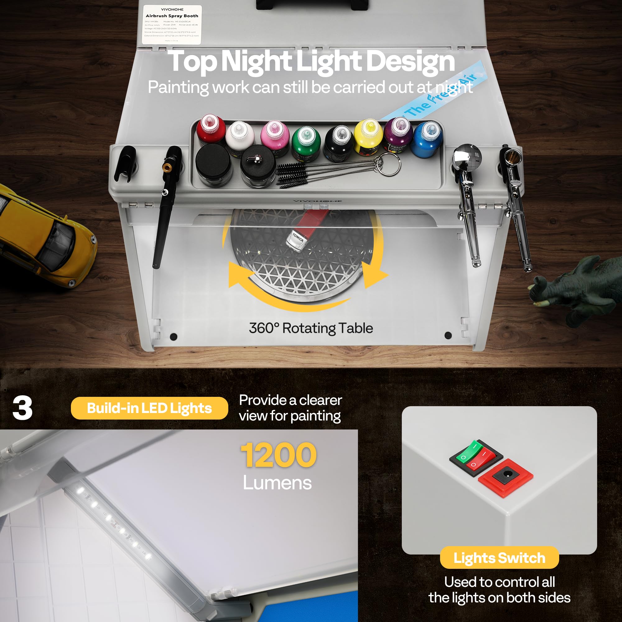 VIVOHOME Dual Fans Airbrush Paint Spray Booth with 4 LED Lights Turn Table and Filter Hose, Portable Airbrush Booth for Painting Model Craft