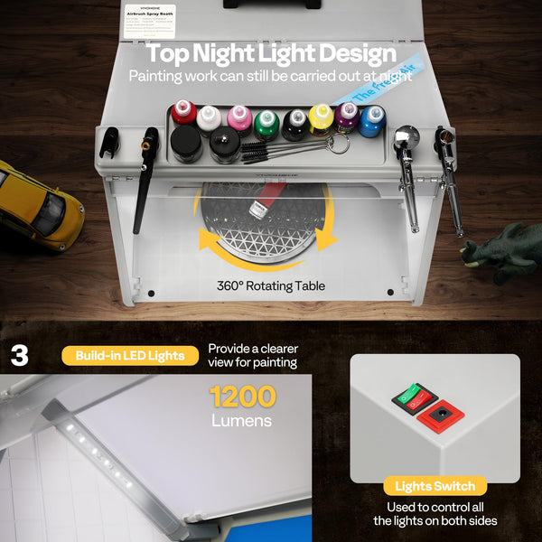 VIVOHOME Dual Fans Airbrush Paint Spray Booth with 4 LED Lights Turn Table and Filter Hose, Portable Airbrush Booth for Painting Model Craft