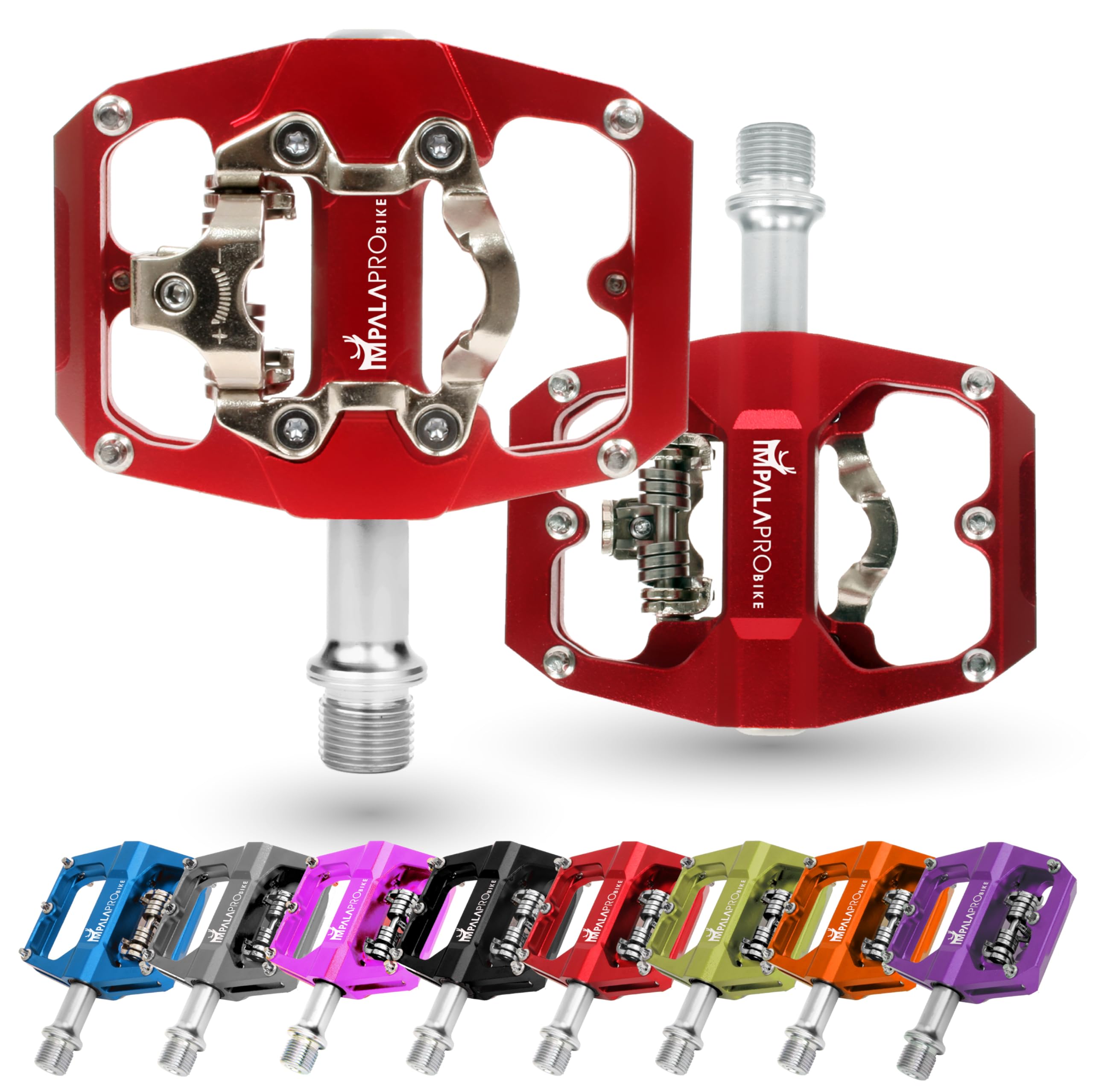 IMPALAPRO - Dual Function Bicycle Pedals: Flat and SPD Clipless, 9/16'' Compatible, MTB (Red)