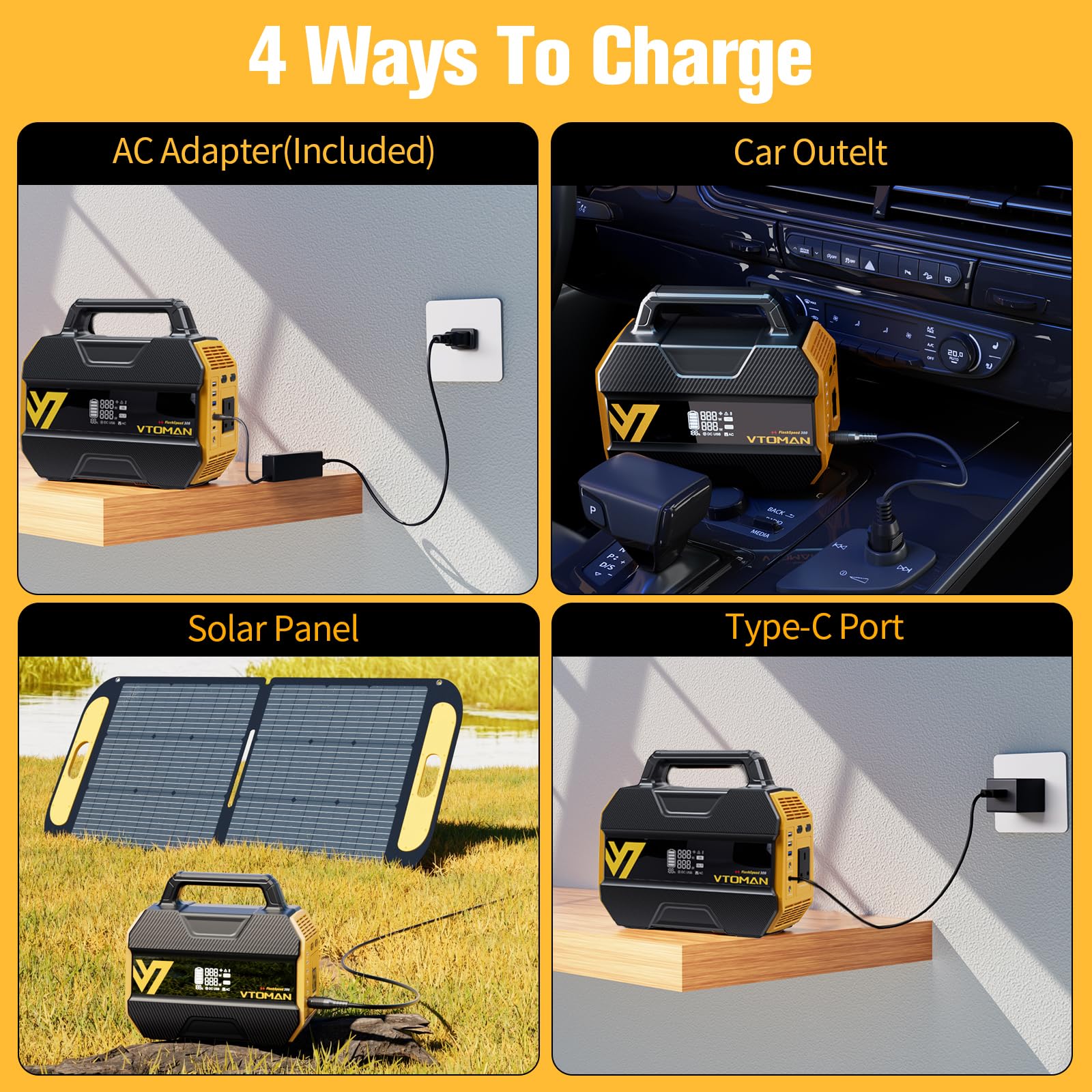 VTOMAN FlashSpeed 300 Portable Power Station Up to 600W Output, 230Wh Solar Generator with LiFePO4 Battery, Fast Charging 100W USB-C, 3000 Cycles, 6 Outlets for Home, Camping, RV, Fishing