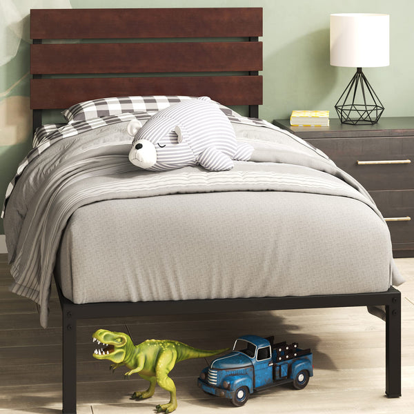 Zinus Figari Double Bed frame - Bed 135x190 cm - 31 cm Height with Underbed storage - Sustainable Bamboo and Metal Platform Bed frame with Slatted Headboard - Brown and Black