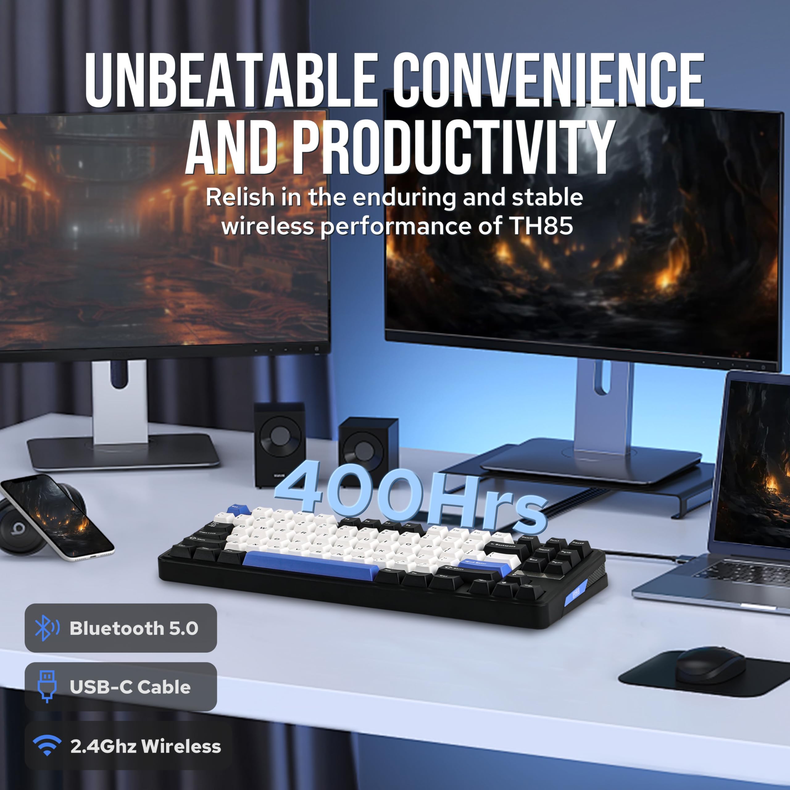 EPOMAKER TH85 QMK/VIA Mechanical Gaming Keyboard, BT/2.4Ghz Wireless, RGB, Hot-Swappable & Programmable Keys in US 75% Layout (Black&White, Creamy Jade Switch)