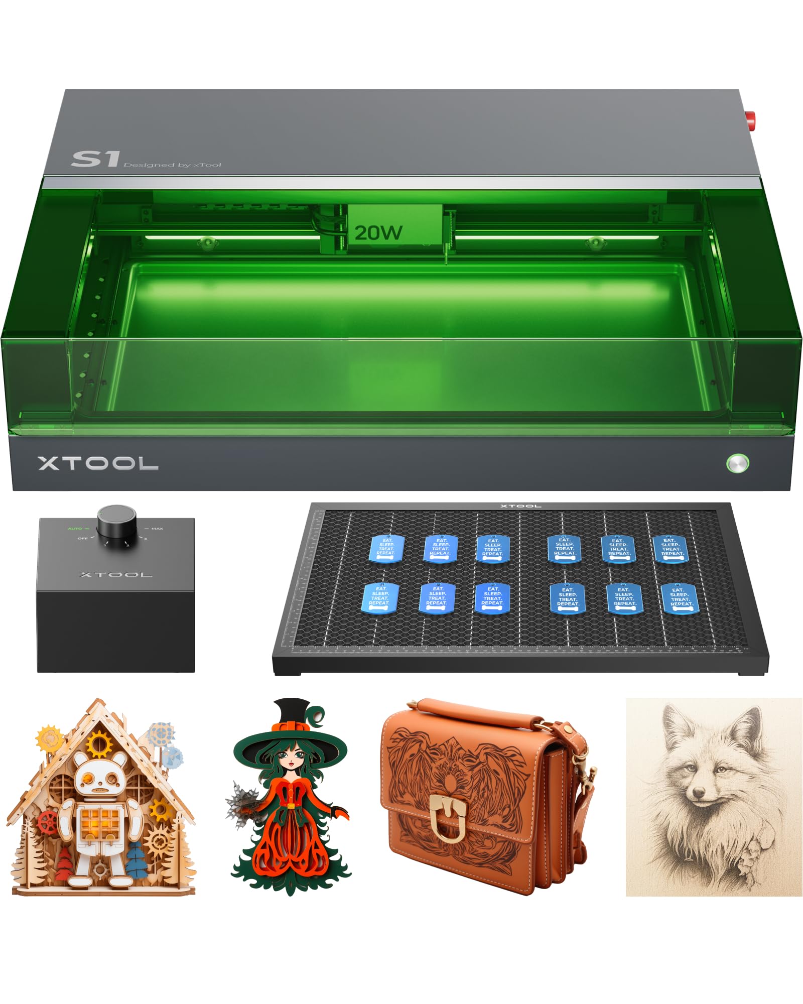 xTool S1 20W Engraving Machine with Riser Base & Honeycomb Working Sheet & Air Assit & RA2 Pro, Auto Focus, Enclosed Engraver and Cutter for Wood and Metal, Class I Safety CNC Machine