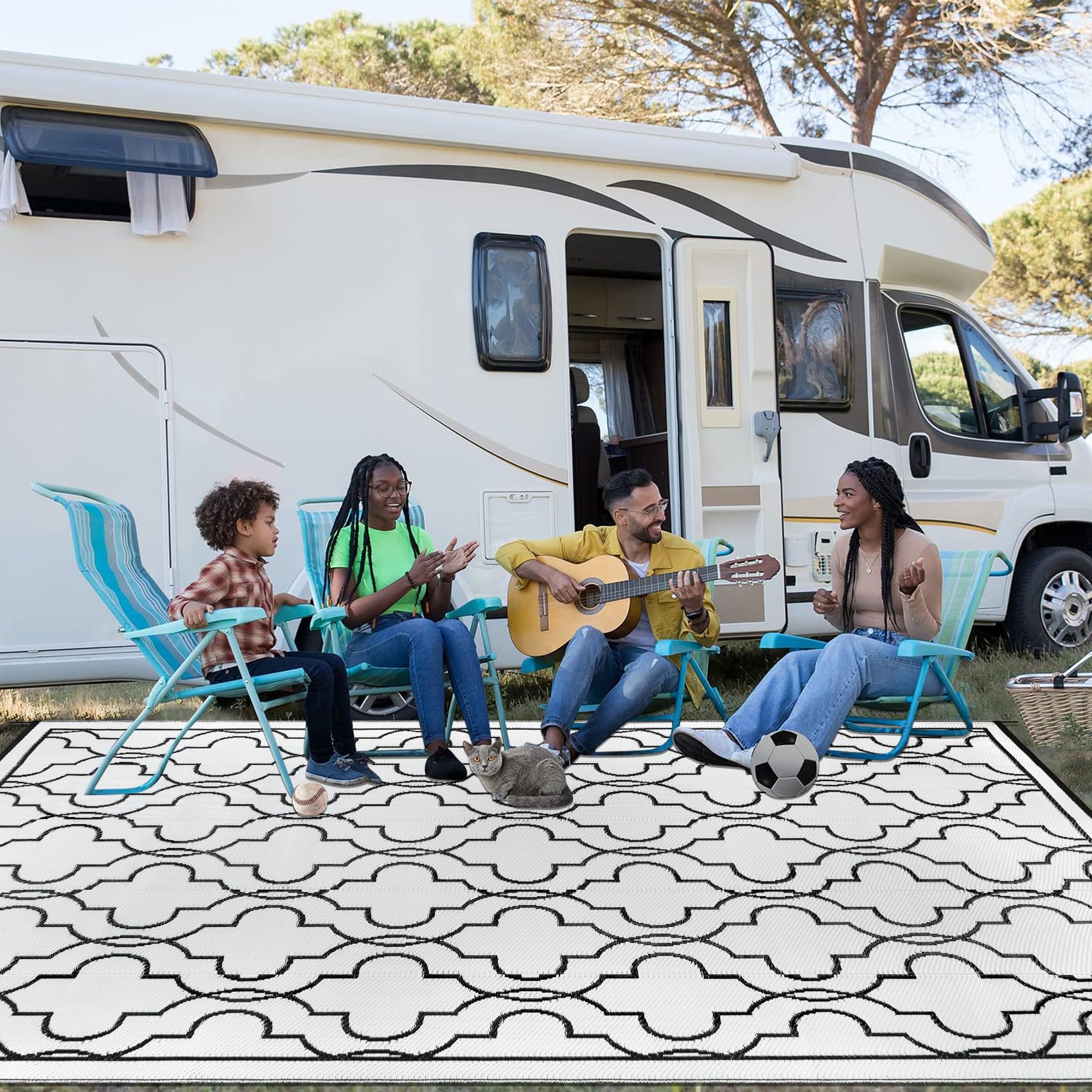 Cekene Large Outdoor Rug Waterproof Black 245x305cm Patio Rugs Reversible RV Camping Mat Lightweight Plastic Portable Outdoor Carpet for Picnic Porch Deck Backyard BBQ Beach