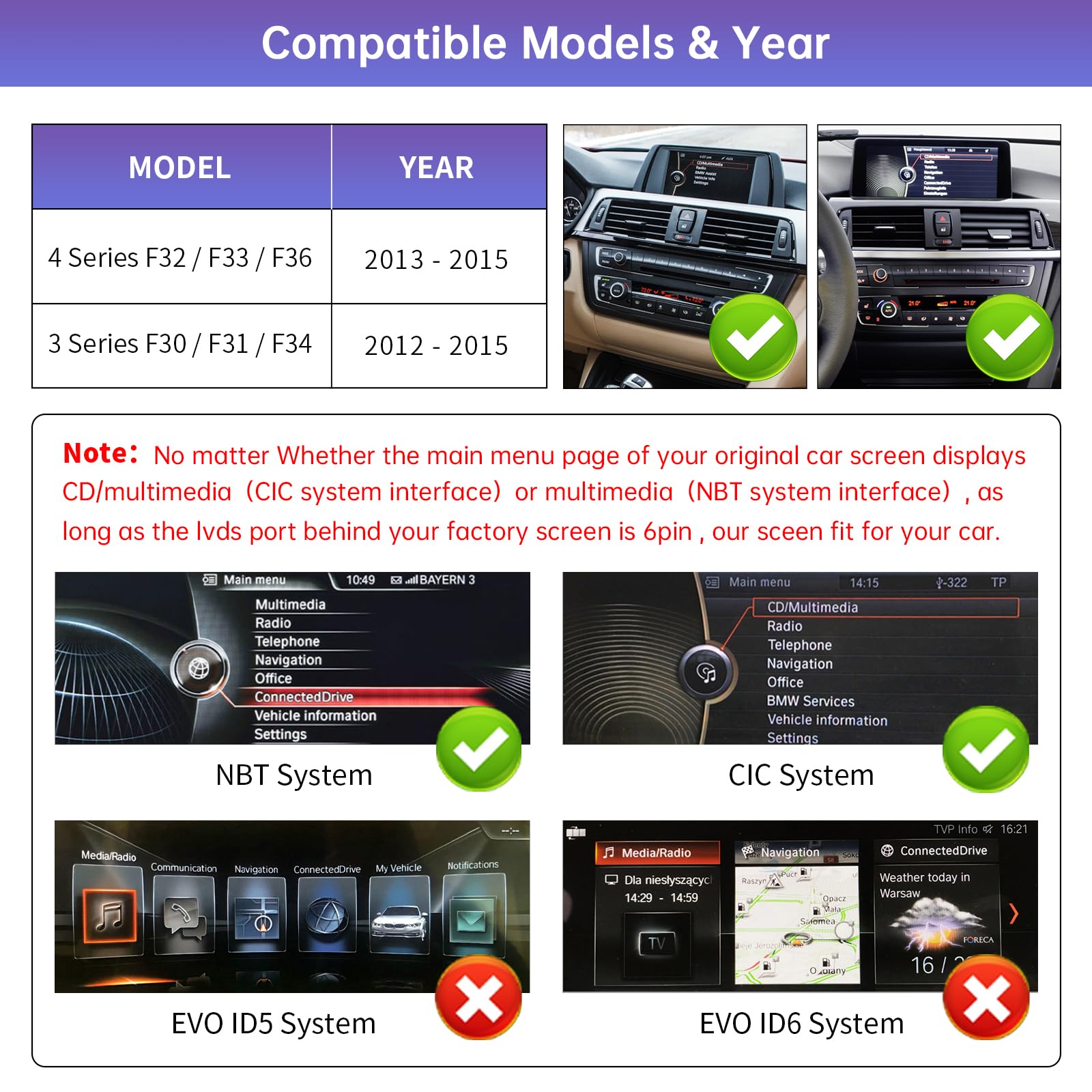 Road Top 12.3 Inch Ultra-Narrow Carplay Touchscreen for BMW 3 & 4 Series F30/F31/F32/F33/F34/F35/F36 2012-2015 Year, Car Stereo Multimedia Radio Receiver, Support Wireless Android Auto, Mirrorlink