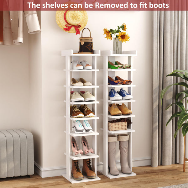 HOME BI 7 Tier Narrow Shoe Rack, Corner Shoe Tower,Slim Shoe Organizer,Wooden Shoe Storage Stand for Entryway, Hallway, Closet, White