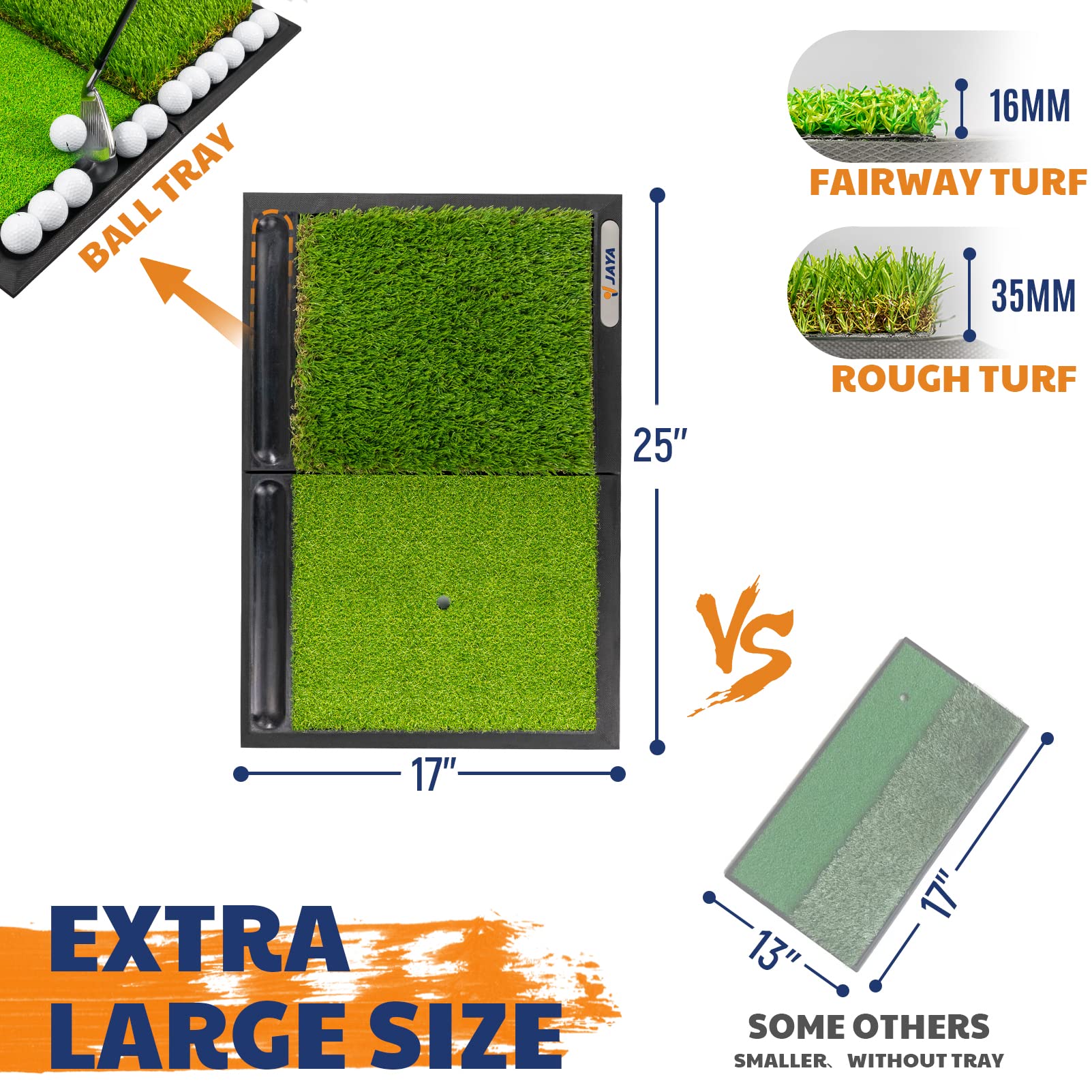 JAYA Golf Hitting Mat with Ball Tray, Heavy Rubber Base, Fairway & Rough Turf Golf Training Mat, Golf Tees and Rubber Tee Holder Included, Portable