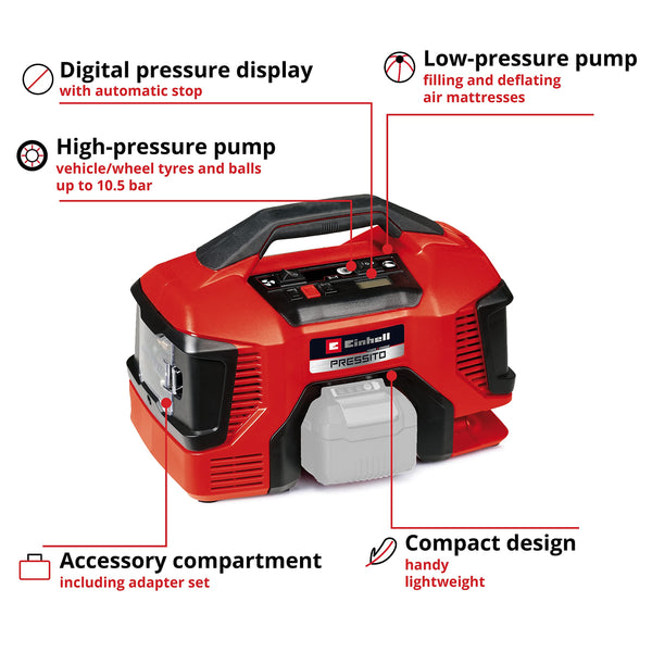 Einhell Power X-Change 18V Portable Air Compressor | High And Low-Pressure Electric Pump For Inflating Car And Bike Tyres, Air-Beds, Balls | PRESSITO 18/21 Solo - Battery and Charger Not Included