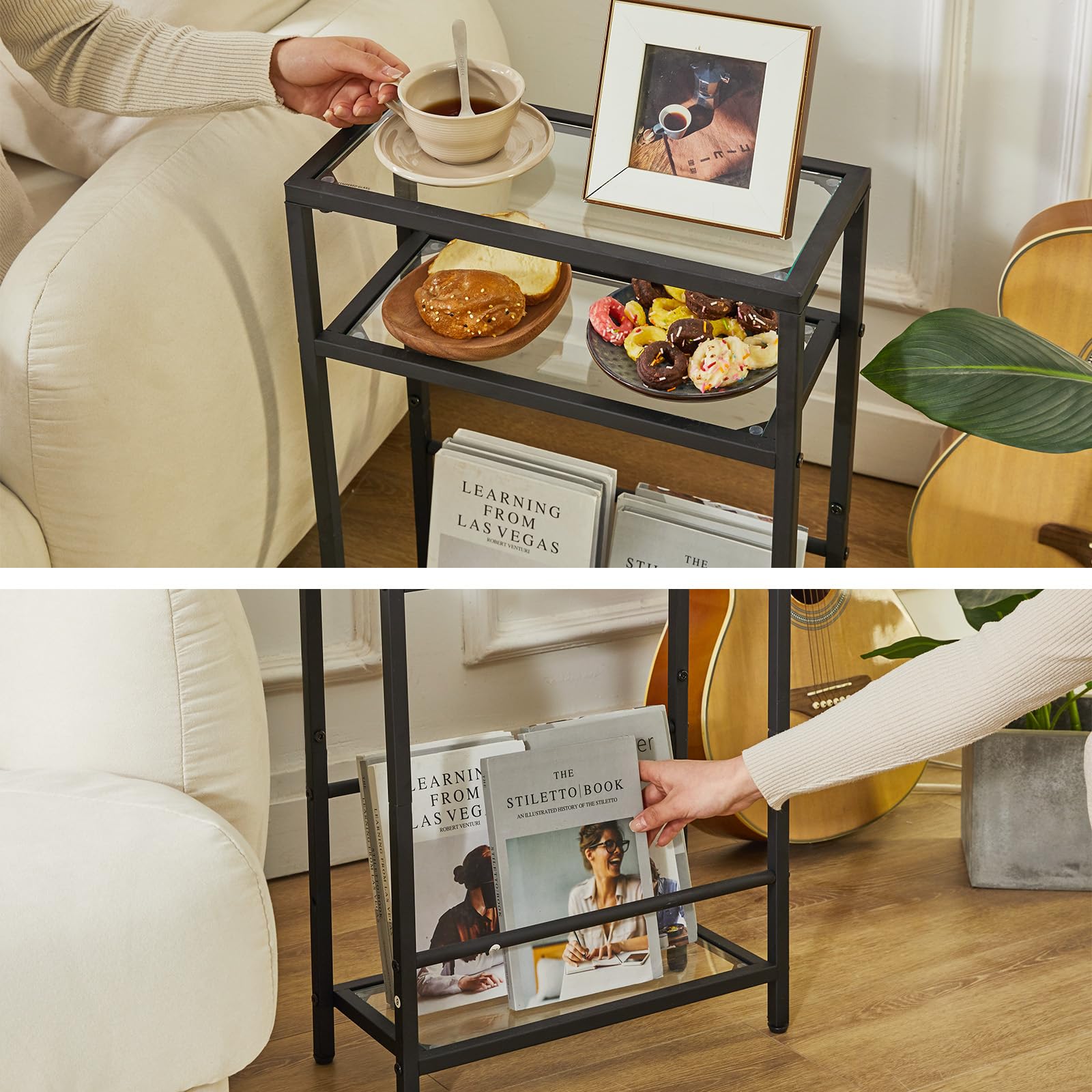 IBUYKE Narrow Side Table with Storage Shelf, 3 Tier Slim End Table,Modern Sofa Table, Small Nightstand, Telephone Table for Small Spaces,for Living