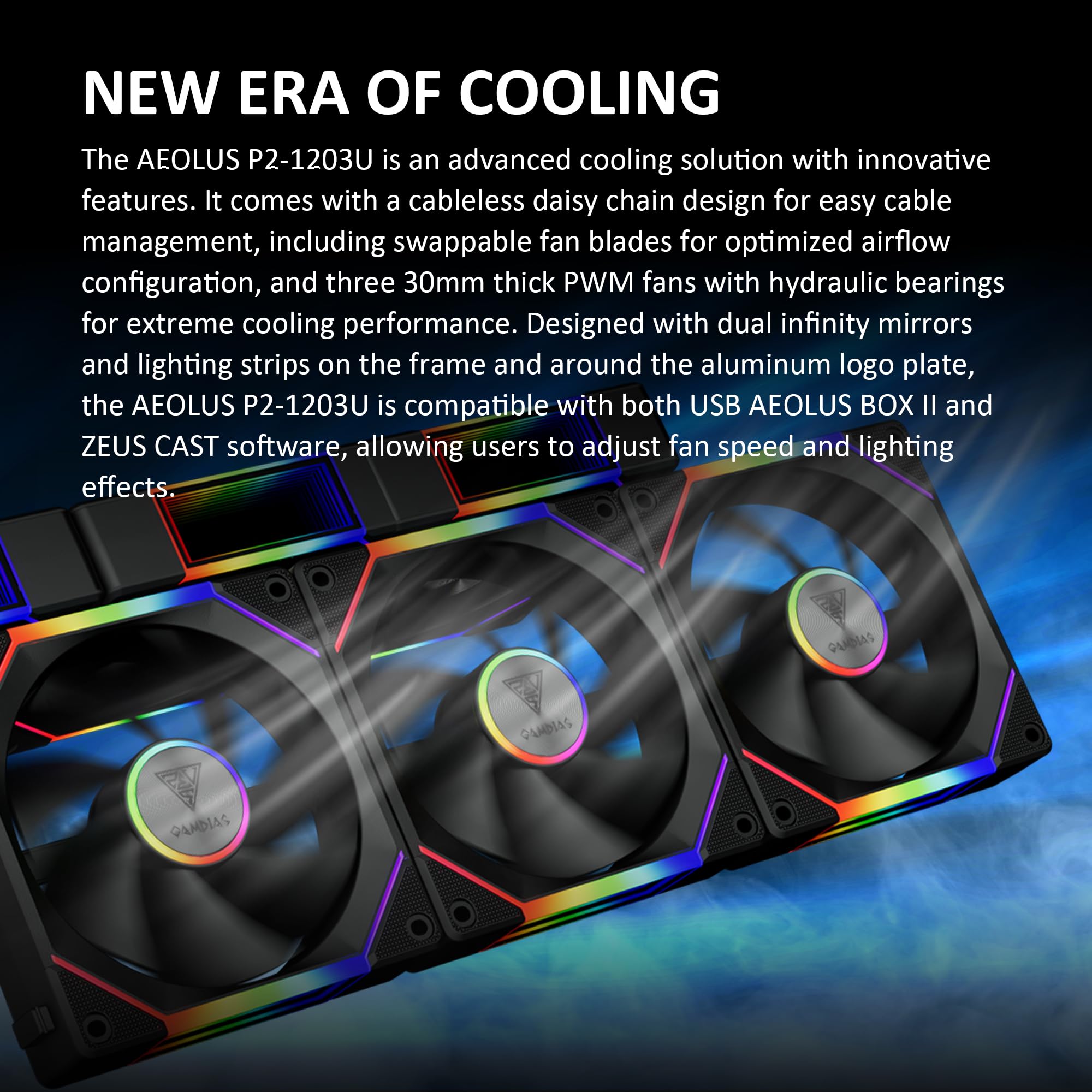 GAMDIAS 120mm ARGB PC Case Fans, Computer Case Fan, Cabless Daisy Chain Connection, Dual Infinity Mirror Lighting, Swappable Fan Blade for Reverse Airflow, Performance 30mm Thick, With Control Box