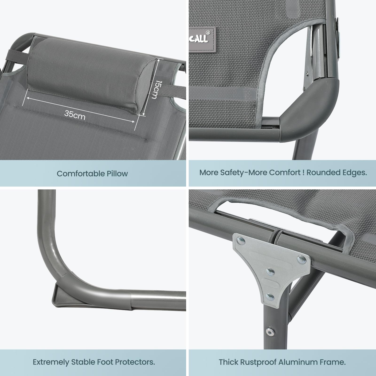 Homecall 30039 XXL Aluminium Sun Lounger with Sun Roof Three-Legged Beach bed 200x70 cm Maximum Load 150 kg, Grey textilene, Quick Dry Foam