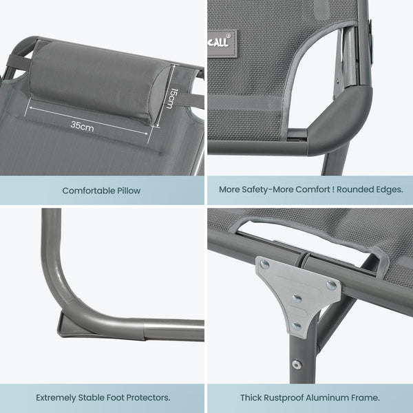 Homecall 30039 XXL Aluminium Sun Lounger with Sun Roof Three-Legged Beach bed 200x70 cm Maximum Load 150 kg, Grey textilene, Quick Dry Foam