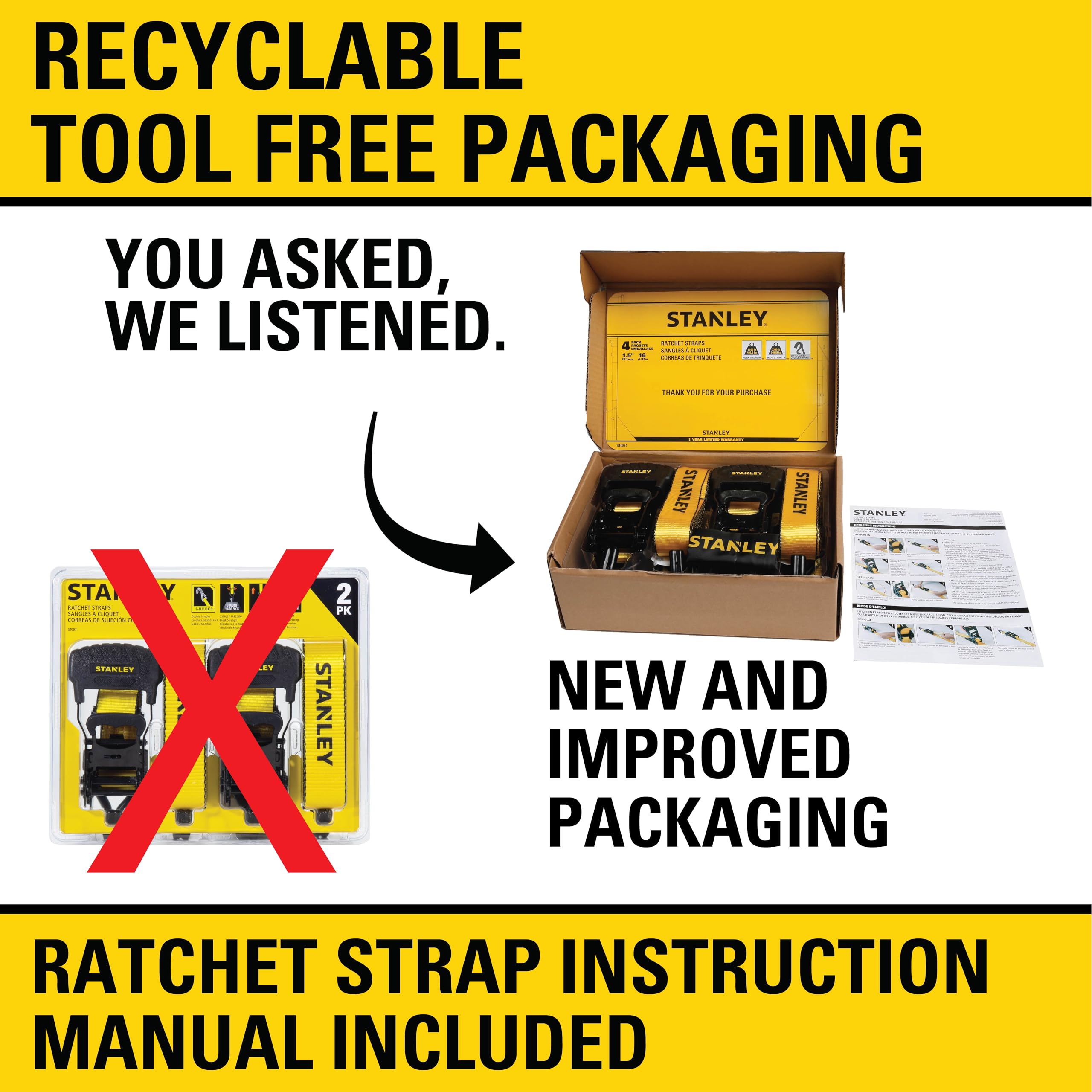 STANLEY S1007 Black/Yellow 1.5" x 16' Ratchet Tie Down Straps - 1,100 lb Safe Working Load / 3,300 lb Break Strength, 2 Pack